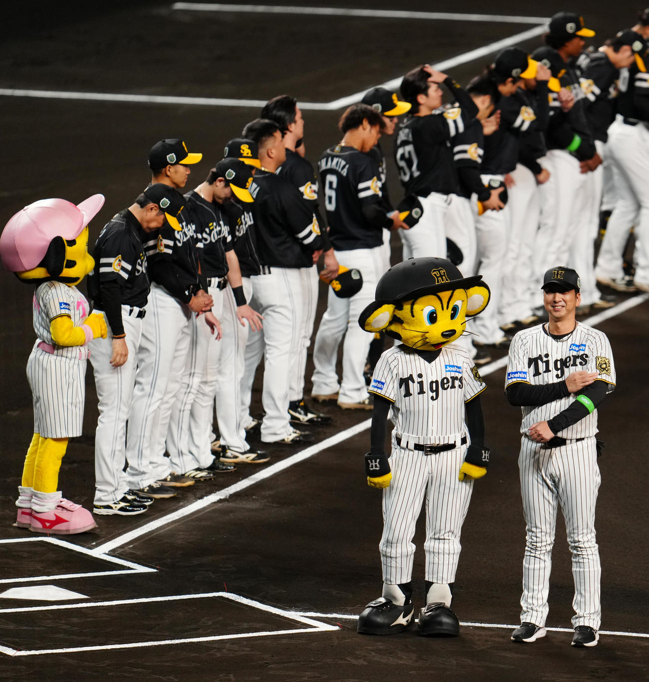 阪神対ソフトバンク　試合前セレモニーに臨む阪神藤川監督（手前右）（撮影・江口和貴）