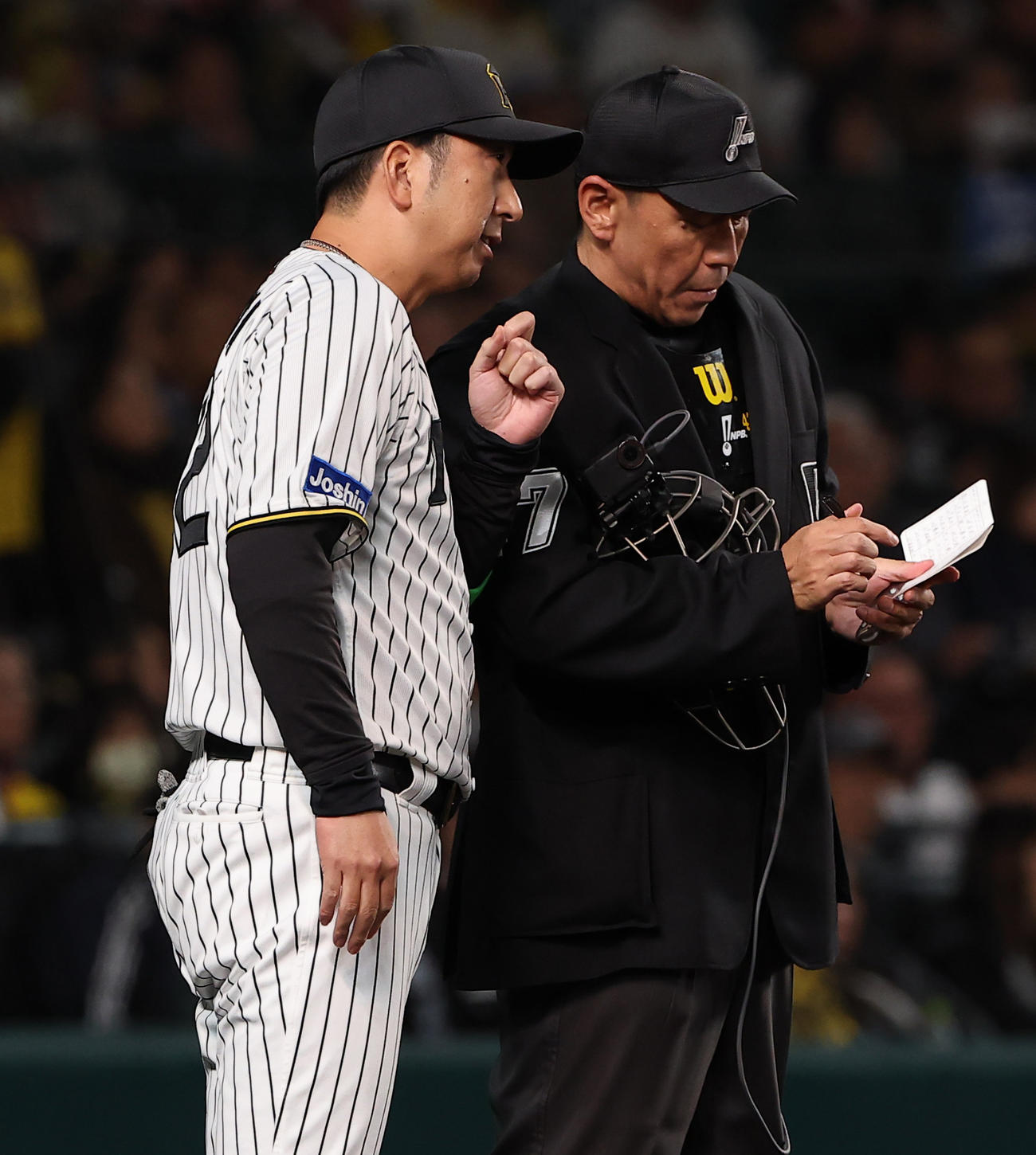 阪神対ソフトバンク　選手交代を告げる藤川監督（撮影・上田博志）