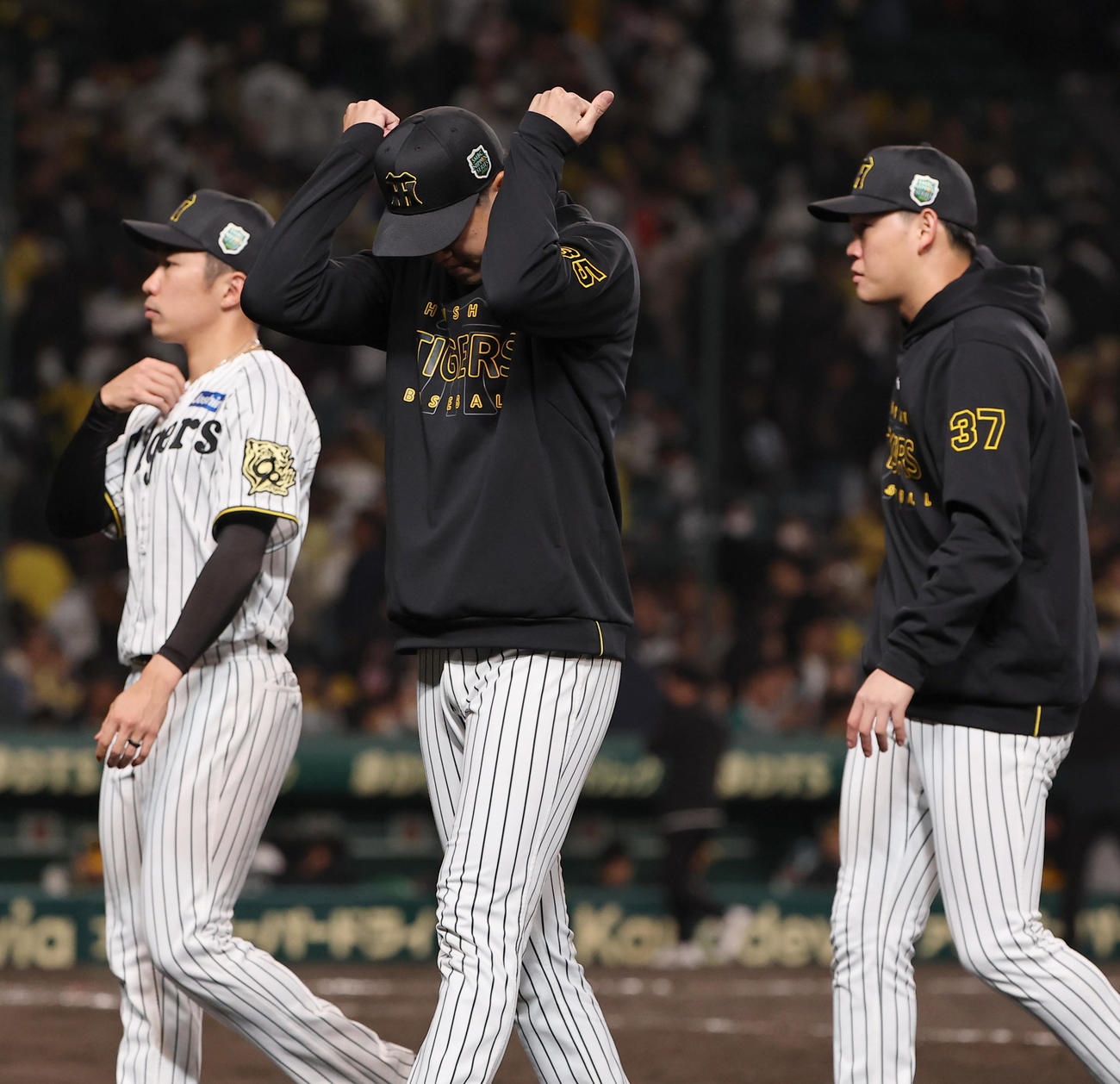 阪神対ソフトバンク　ソフトバンクに負けた才木（中央）は頭をたたきながらベンチに引き揚げる（撮影・上田博志）