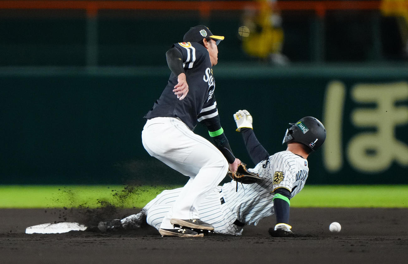 阪神対ソフトバンク　6回裏阪神無死一塁、打者佐藤輝の時、二盗する一塁走者森下。遊撃手今宮（撮影・鈴木みどり）