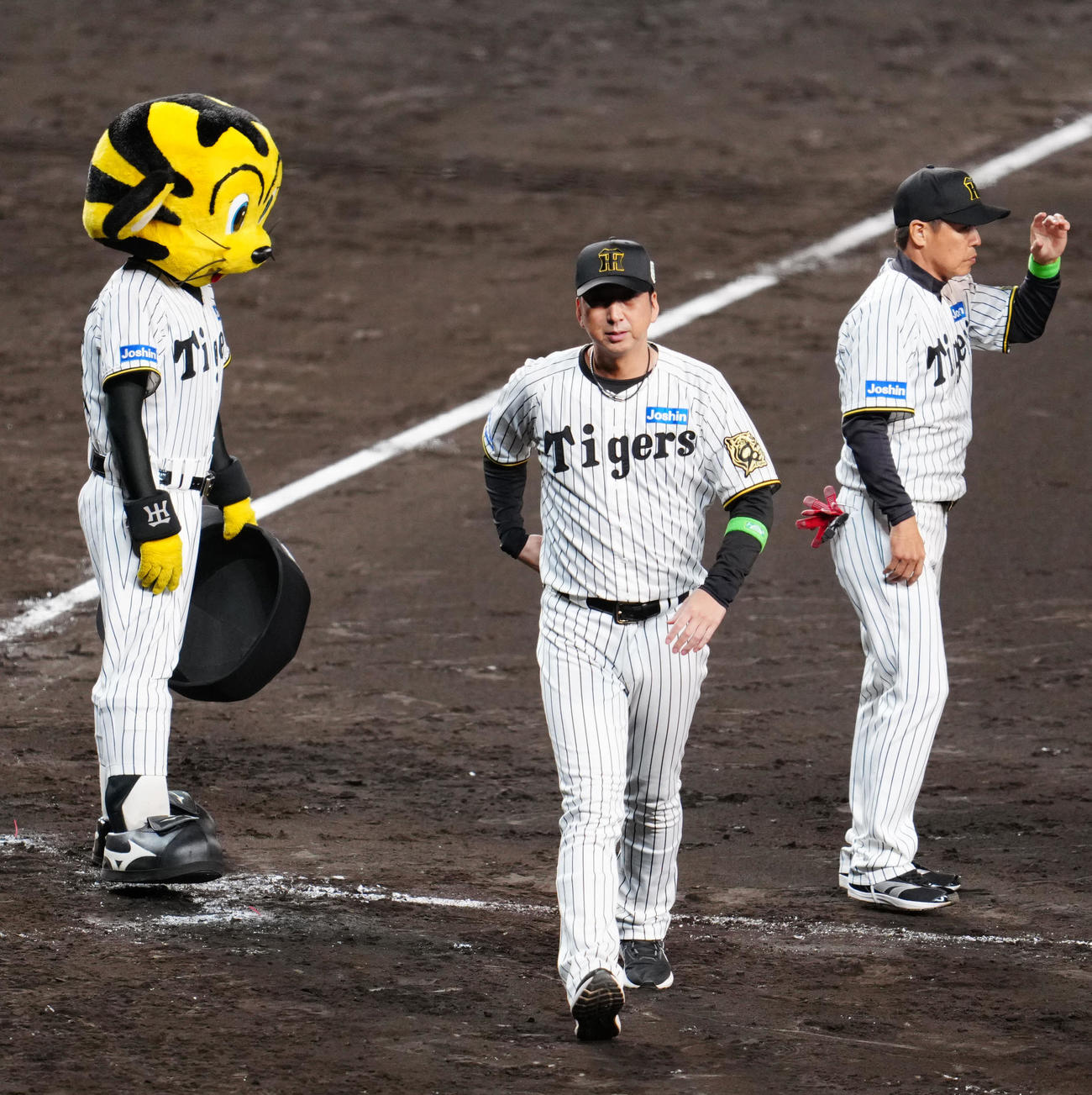 阪神対ソフトバンク　試合後、ファンにあいさつし引き揚げる阪神藤川監督（中央）（撮影・江口和貴）
