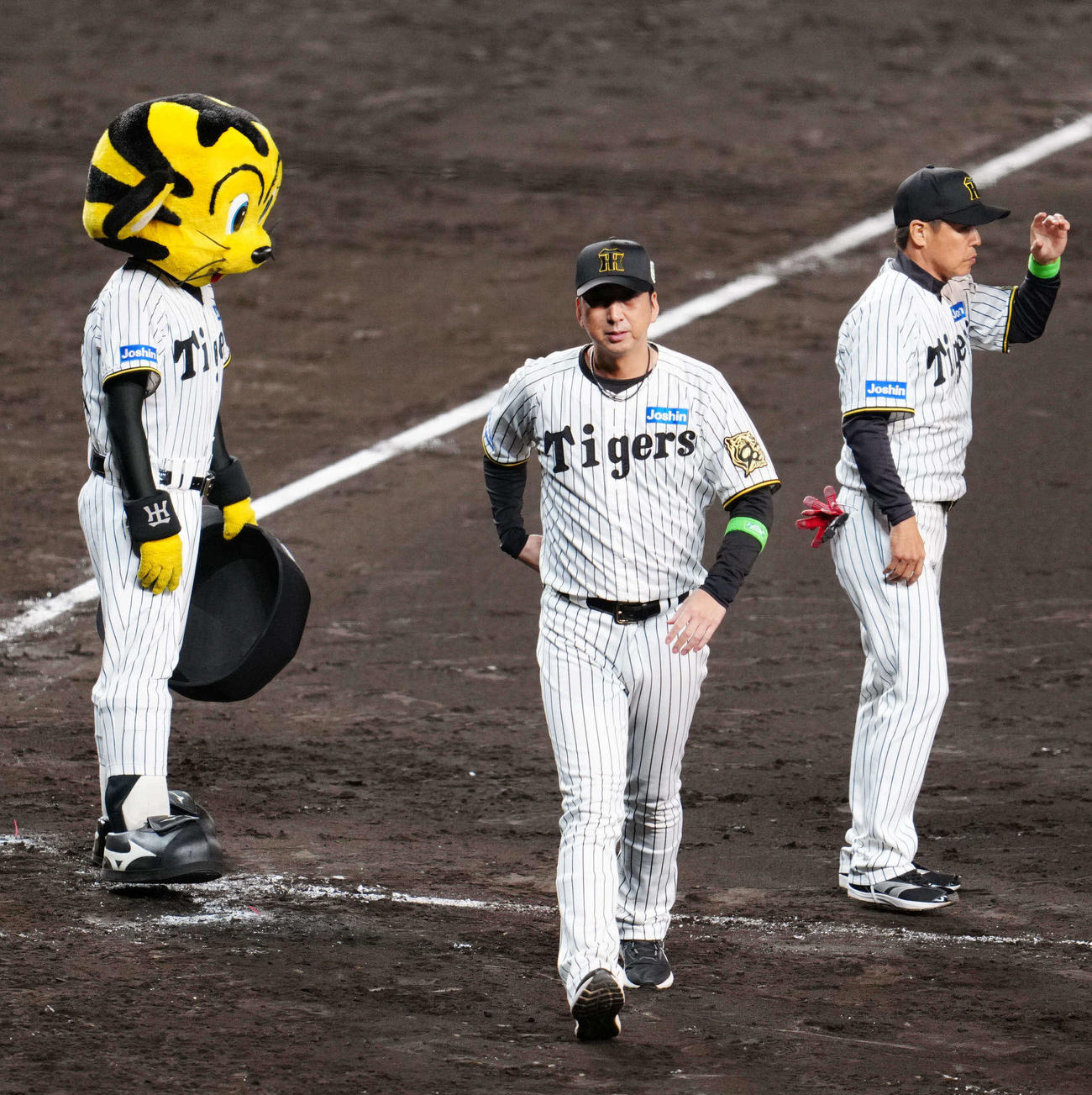 阪神対ソフトバンク　試合後、ファンにあいさつし引き揚げる阪神藤川監督（中央）（撮影・江口和貴）