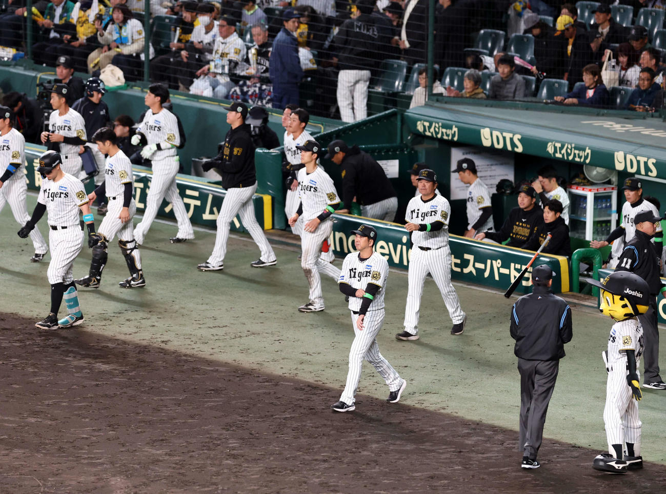 阪神対ソフトバンク　1点差で敗れ、あいさつのためベンチを出る藤川監督（手前）ら阪神の選手たち（撮影・浅見桂子）