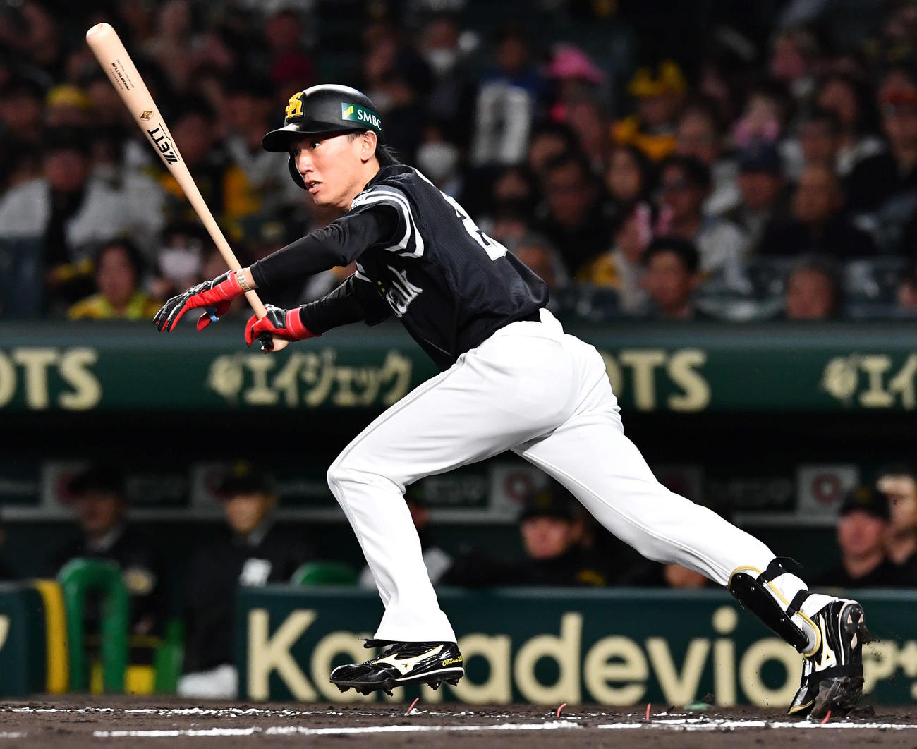 阪神対ソフトバンク　3回表ソフトバンク1死、遊撃への内野安打で出塁した大津（撮影・岩下翔太）