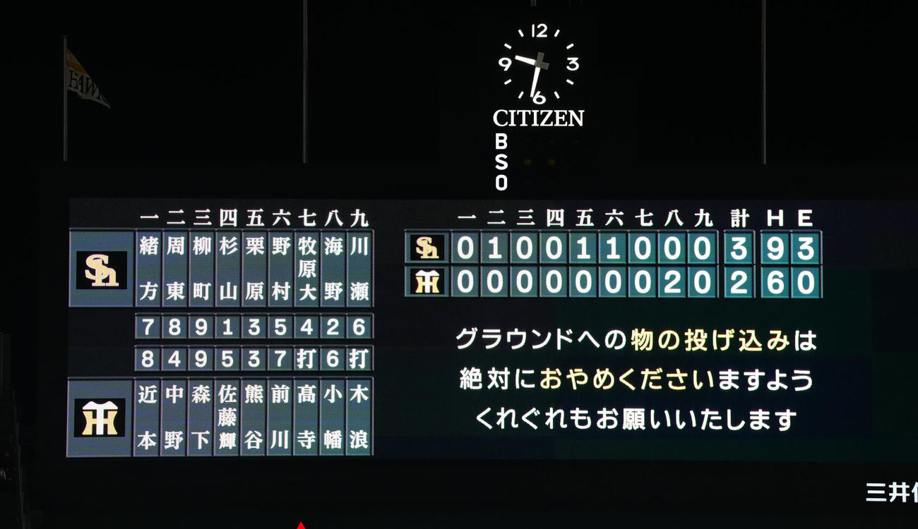 阪神対ソフトバンク　試合のスコア（撮影・鈴木みどり）