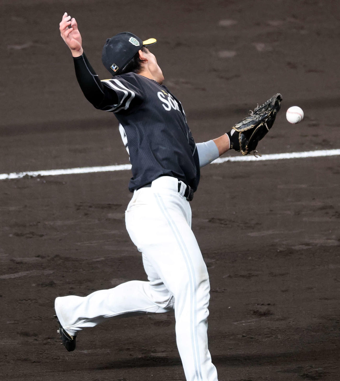 阪神対ソフトバンク　9回裏阪神2死、木浪のファウルを捕り損なう野村（撮影・浅見桂子）