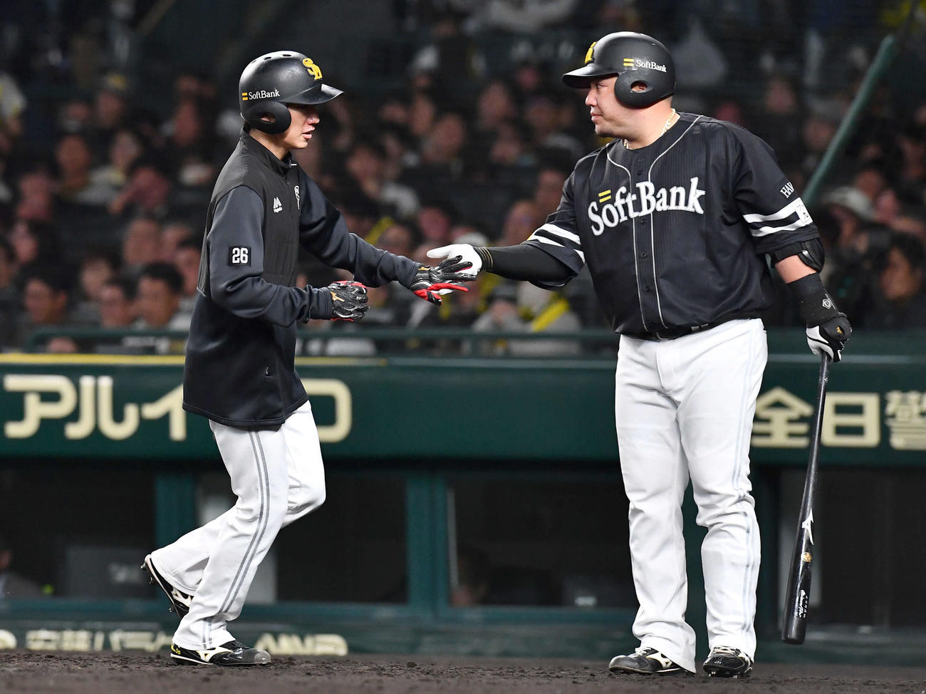 阪神対ソフトバンク　5回表ソフトバンク1死満塁、柳町の左犠飛で生還した大津（左）は山川とタッチを交わす（撮影・岩下翔太）