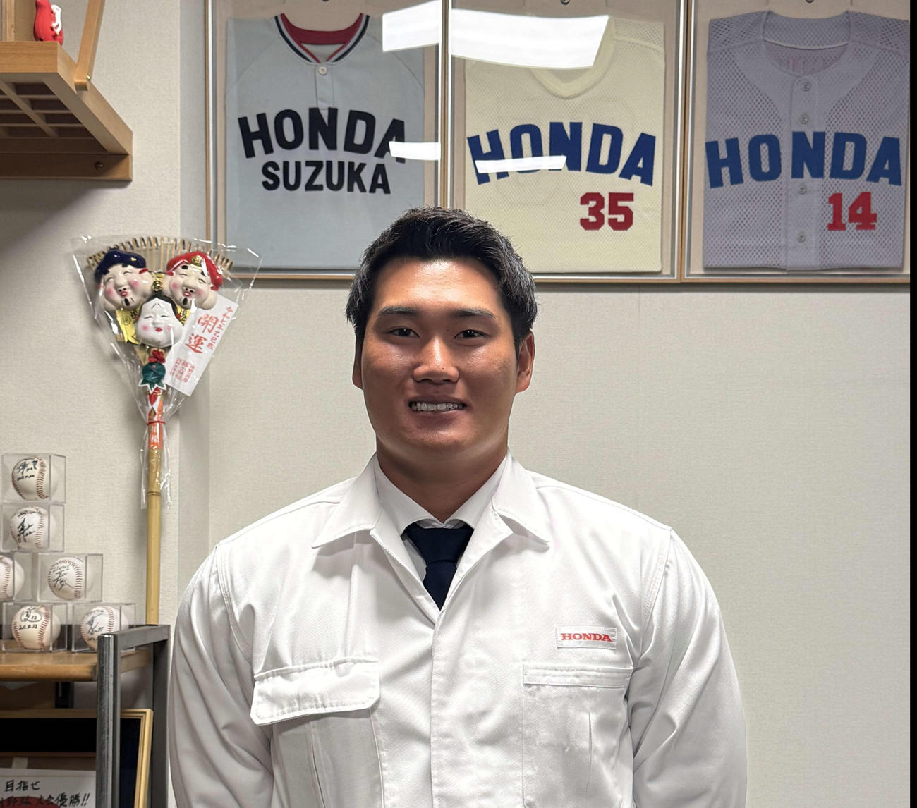 指名あいさつを受けたHonda鈴鹿・田中（球団提供）