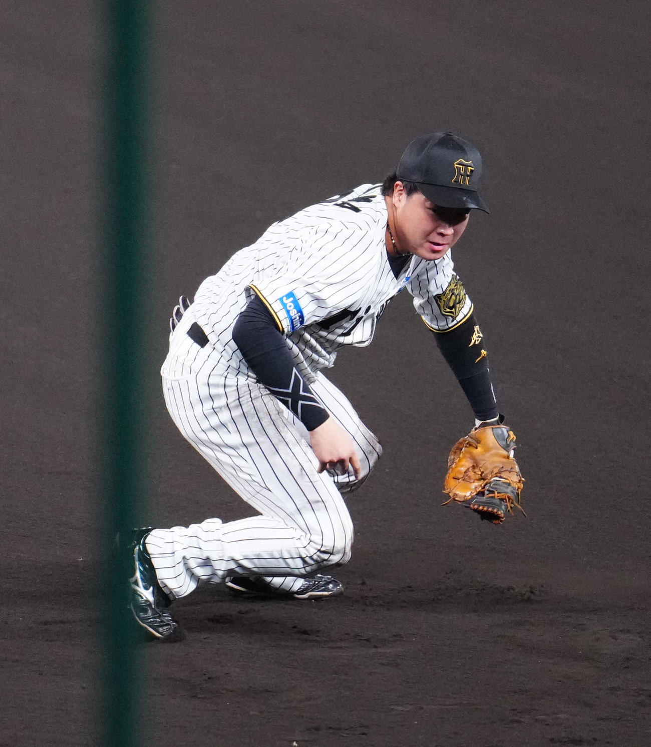 阪神対ソフトバンク　8回表ソフトバンク2死一、三塁、栗原の打球を好守で一ゴロとした大山（撮影・江口和貴）