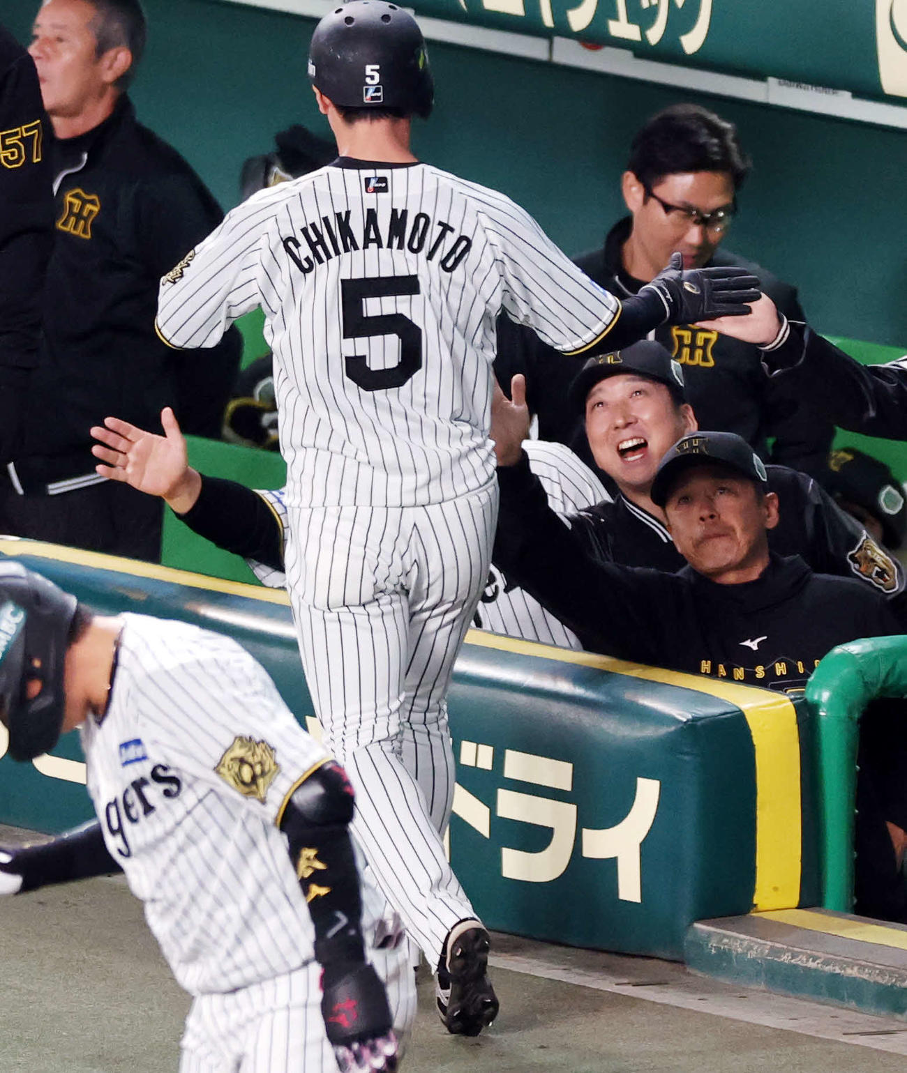 阪神対ソフトバンク　5回裏阪神2死一、二塁、佐藤輝の適時打で生還した近本（手前）を笑顔で迎える藤川監督（右から2人目）ら（撮影・浅見桂子）