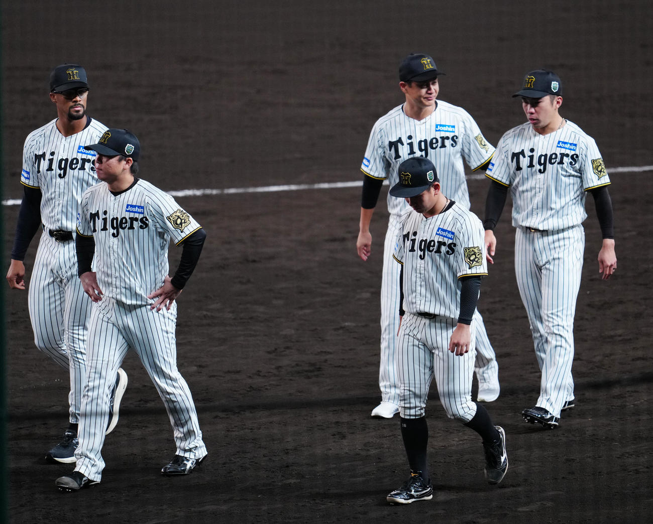 阪神対ソフトバンク　ファンへのあいさつを終え、引き揚げる村上（左から2人目）ら阪神の選手たち（撮影・江口和貴）