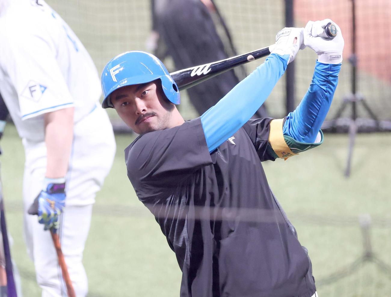 日本ハム1軍秋季キャンプにテスト生として参加しティー打撃する林家正（撮影・黒川智章）