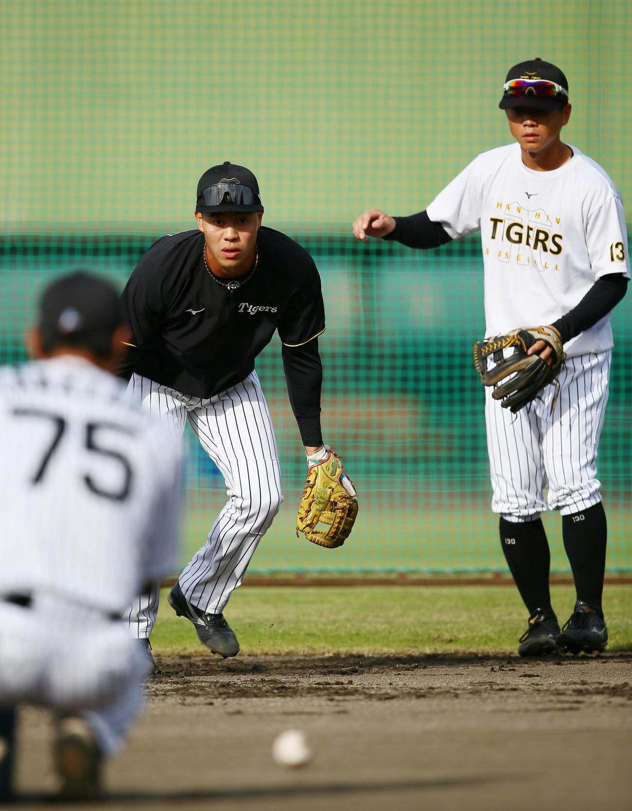 早出練習に励む阪神佐野（中央）と川崎（撮影・上山淳一）