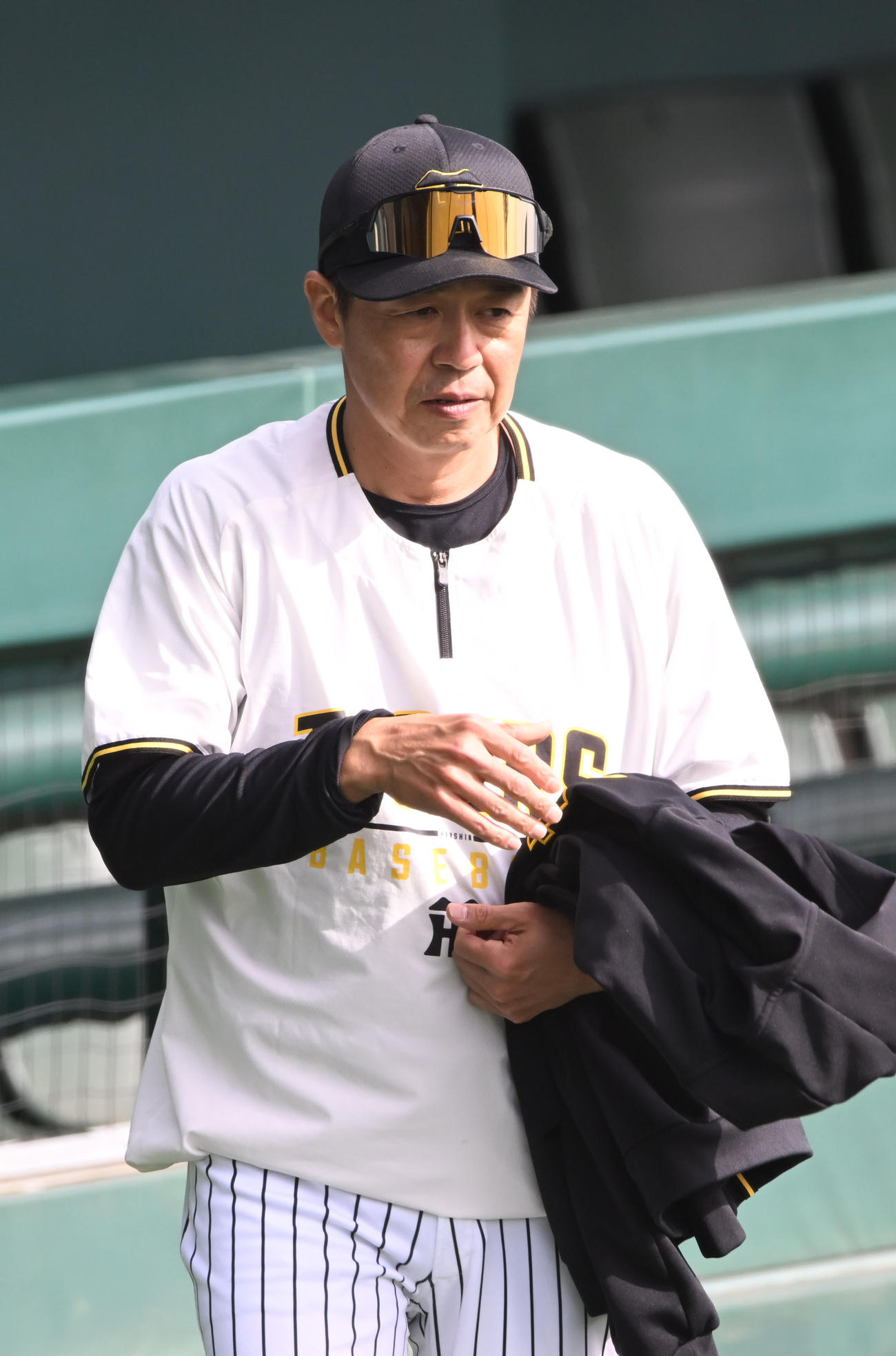 選手の動きをチェックする阪神藤本コーチ（撮影・和賀正仁）
