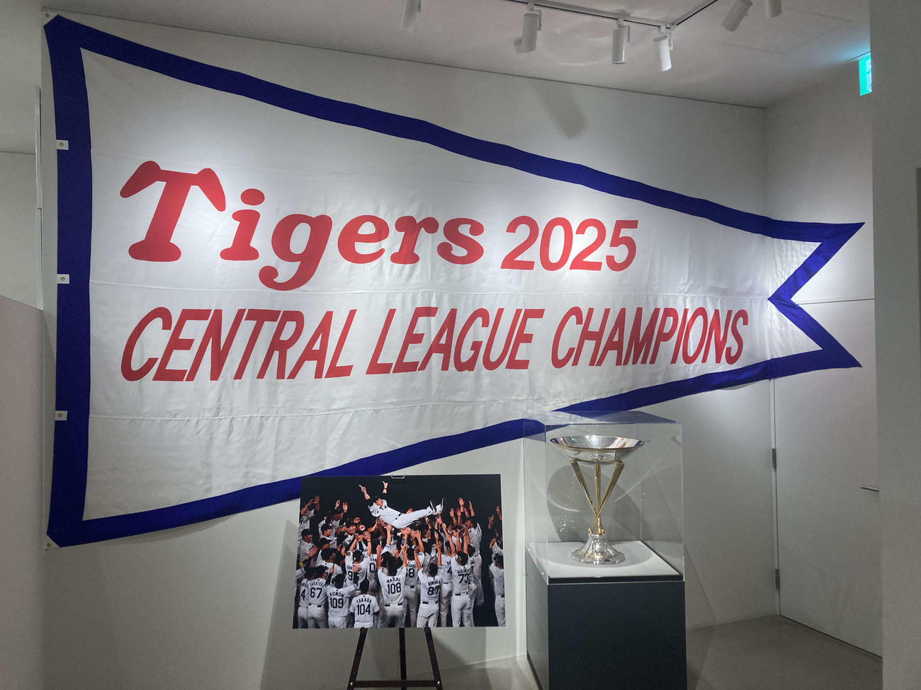 甲子園歴史館に展示された阪神の優勝ペナントとトロフィー（2025年9月12日撮影）