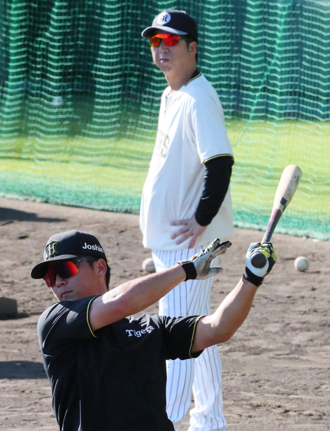 阪神藤川監督（上）が見守る中、ロングティー打撃を行う井坪（撮影・上山淳一）