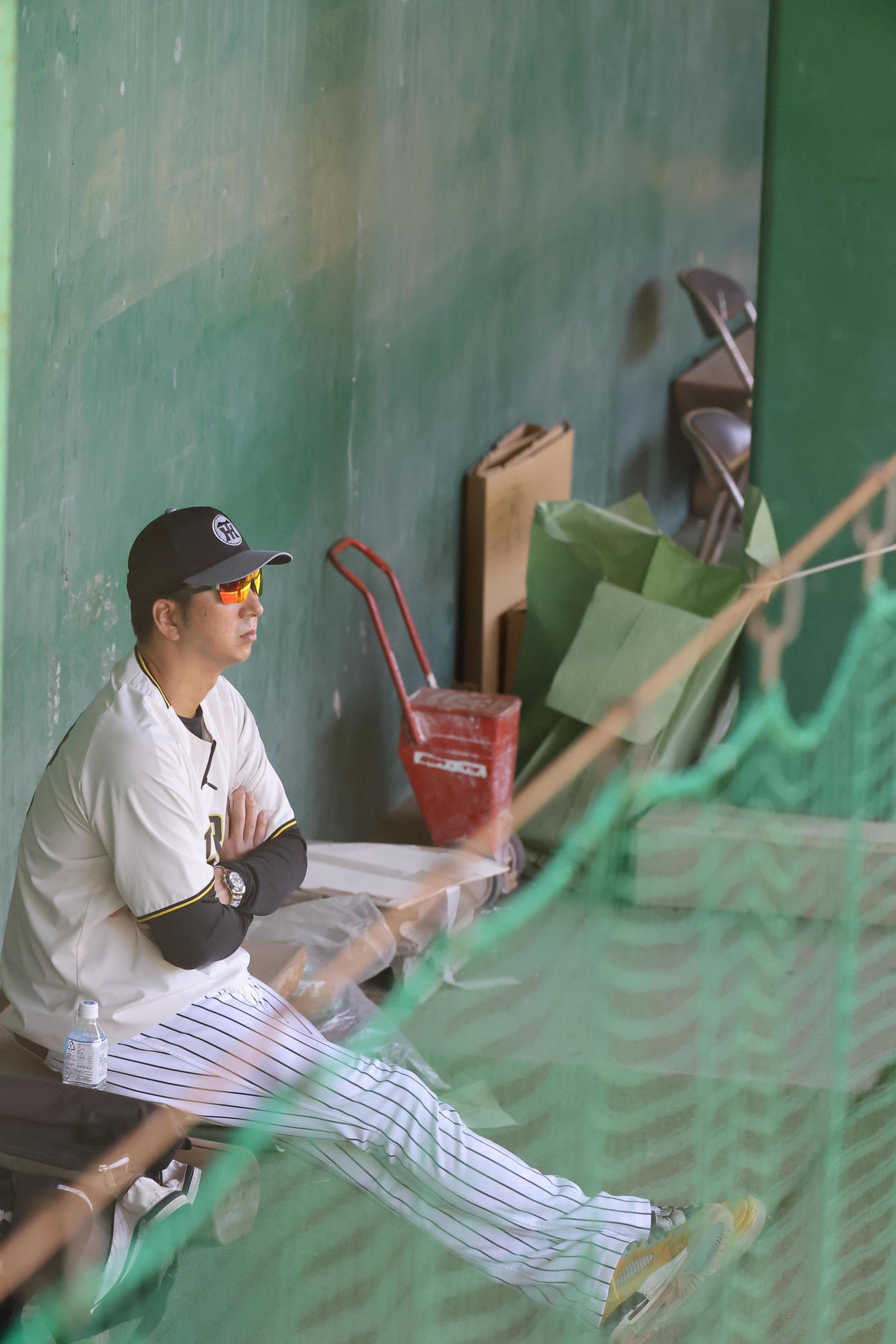 ブルペンで投手の投球を見る藤川監督（撮影・上田博志）