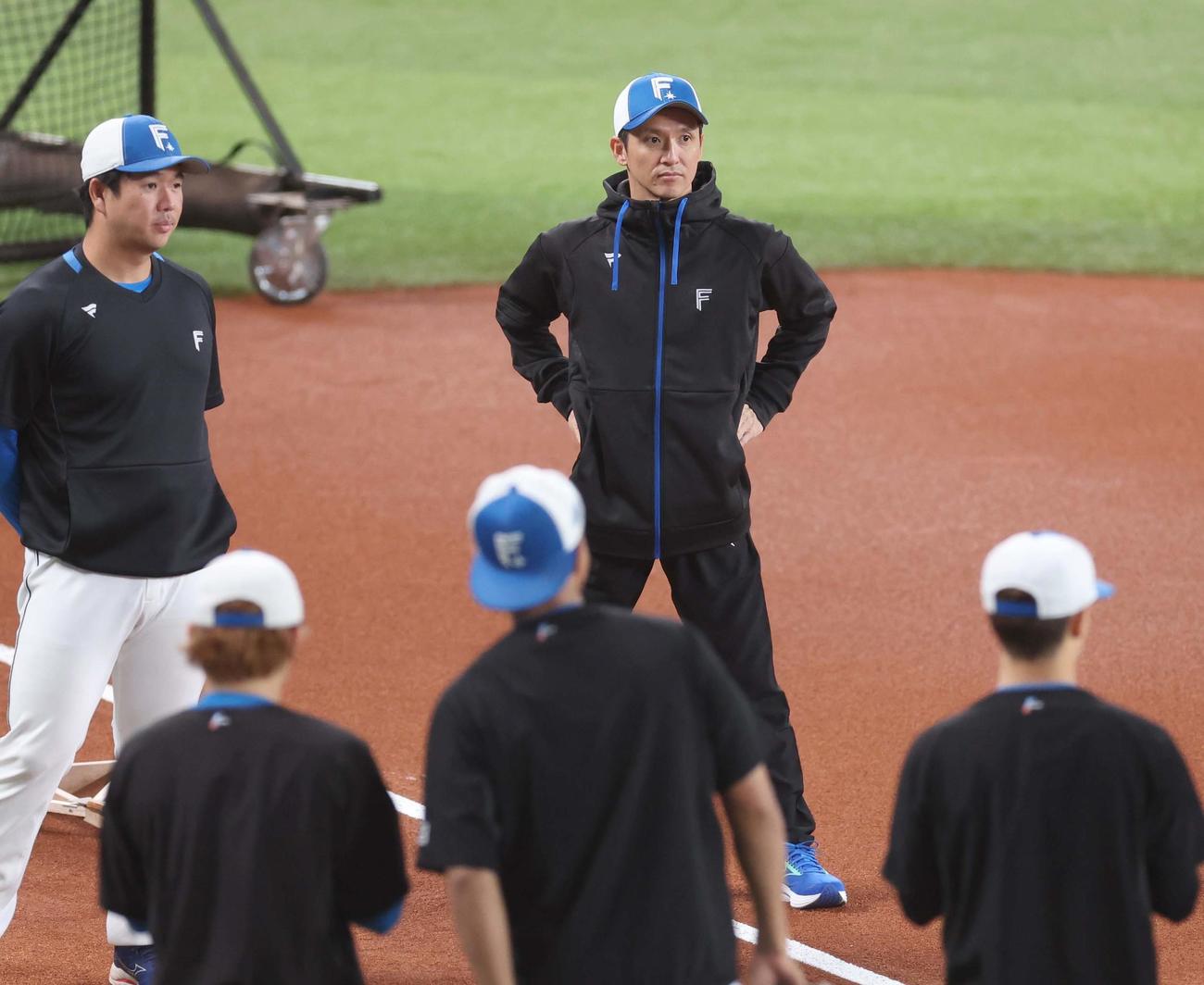 日本ハム1軍野手コーチに就任し練習を見る松本氏（撮影・黒川智章）