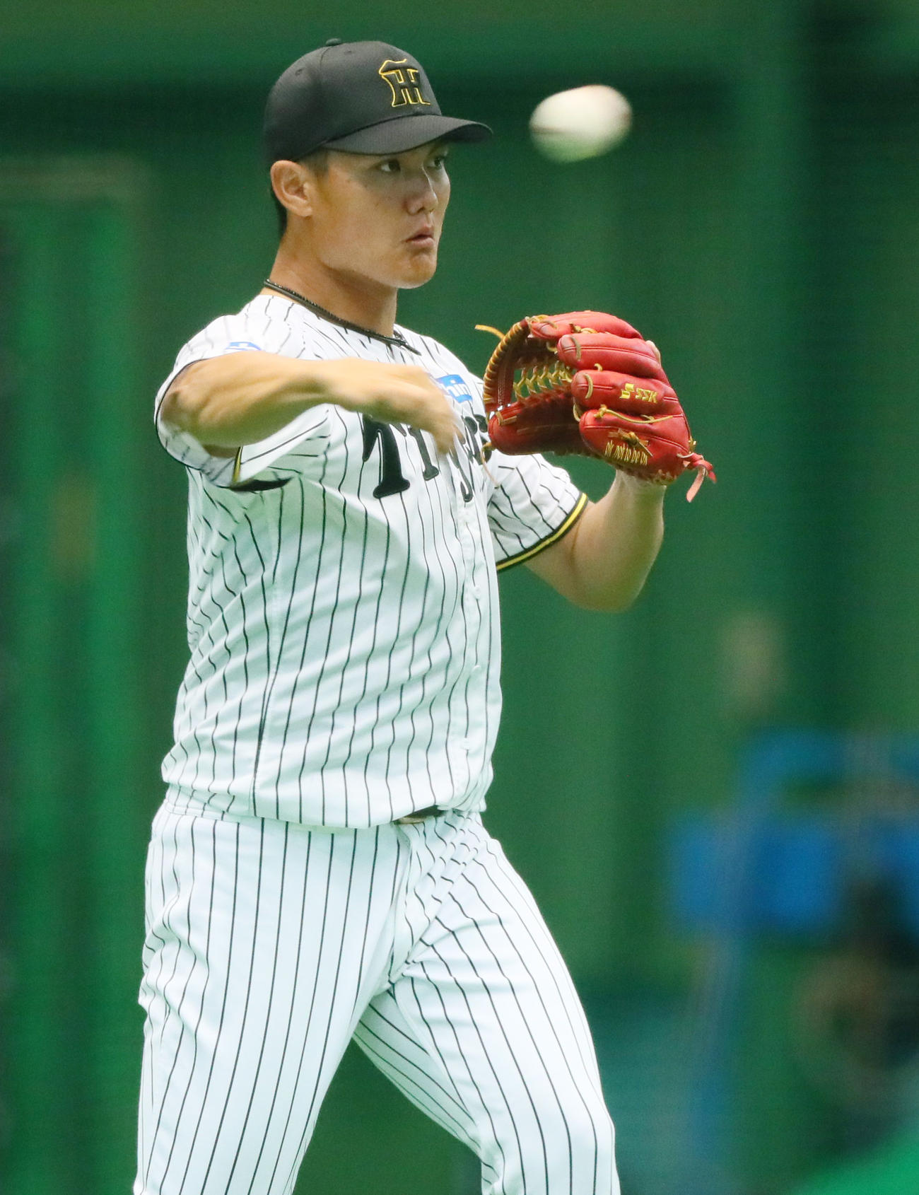 室内でキャッチボールする阪神西純（撮影・上山淳一）