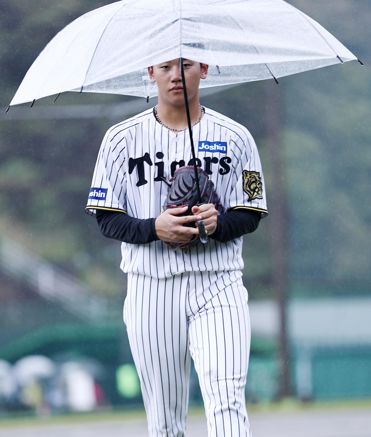 傘を差してグラウンドを移動する阪神門別（撮影・上山淳一）