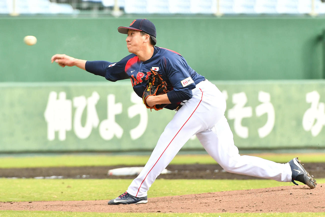 日本対広島　2回裏から登板した、日本2番手の大勢（撮影・岩下翔太）