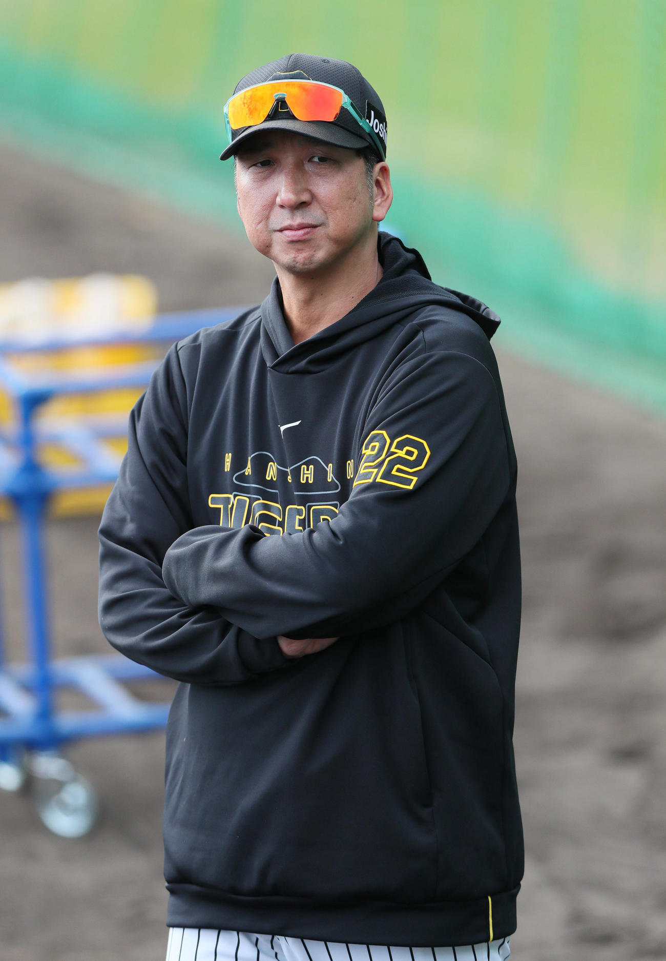 打撃練習を見る阪神藤川監督（撮影・上山淳一）