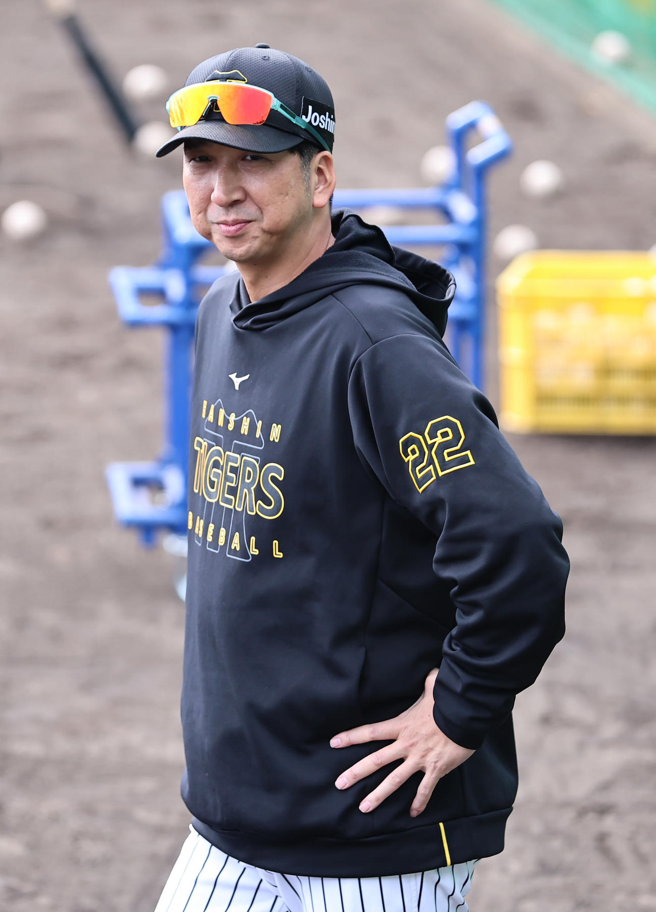 打撃練習を見る阪神藤川監督（撮影・上山淳一）
