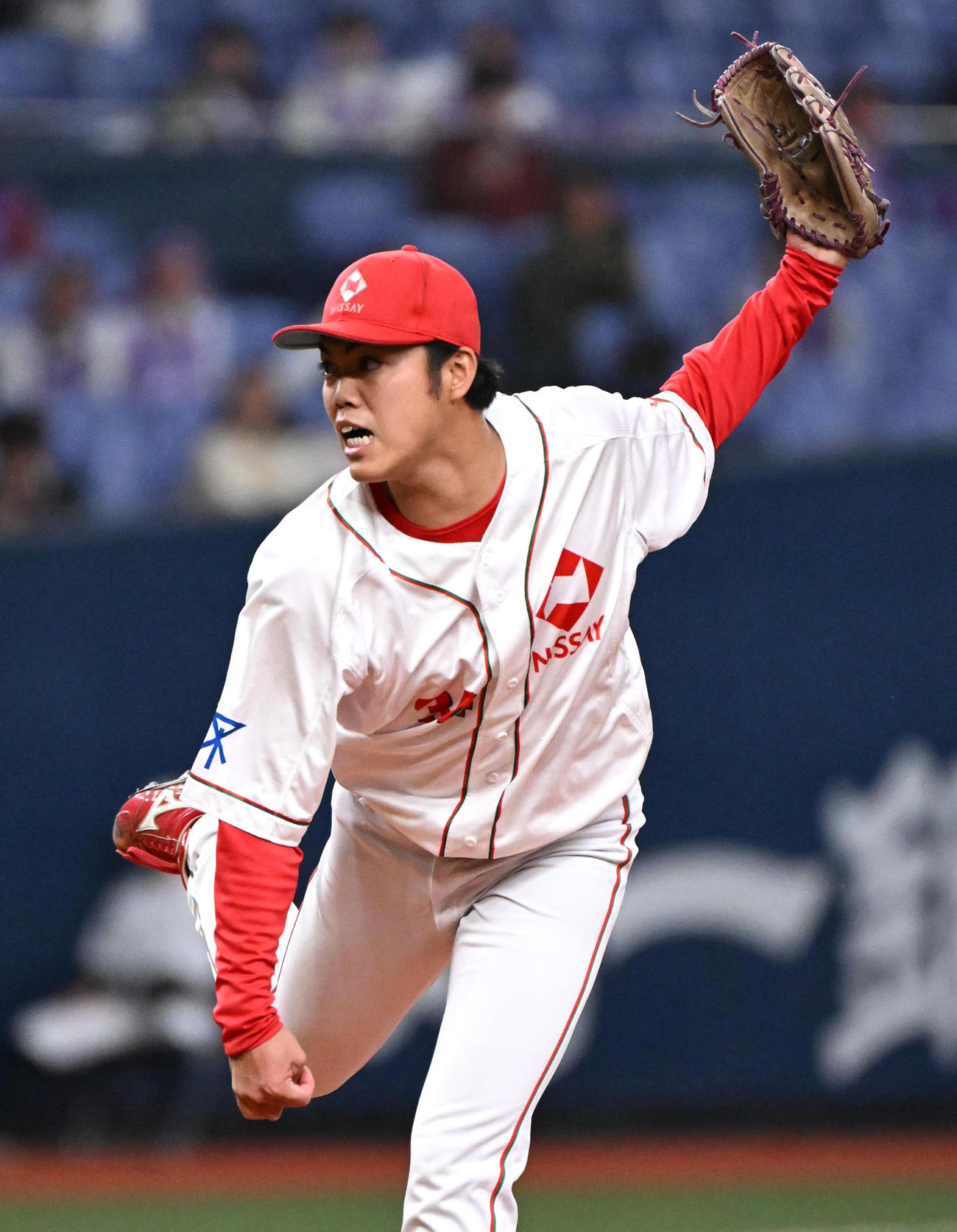 日本生命対ヤマハ　日本生命2番手の真野凜風（撮影・石井愛子）