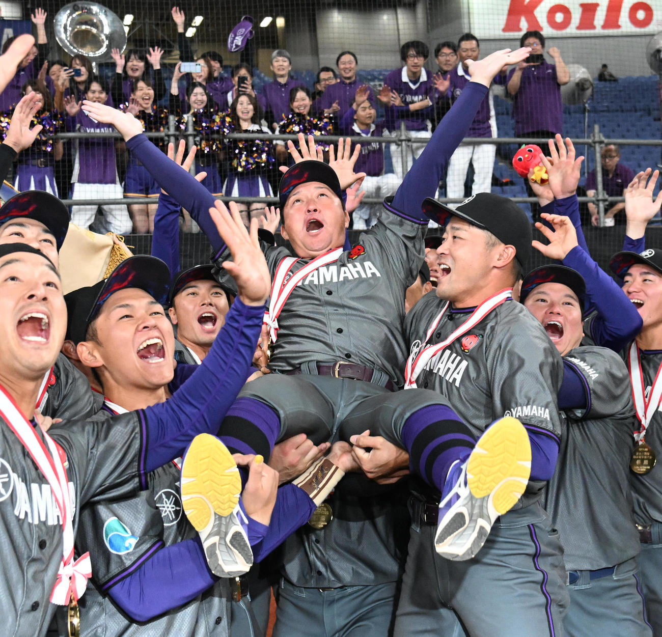 優勝を果たし胴上げされるヤマハの甲原直樹監督（中央）（撮影・石井愛子）