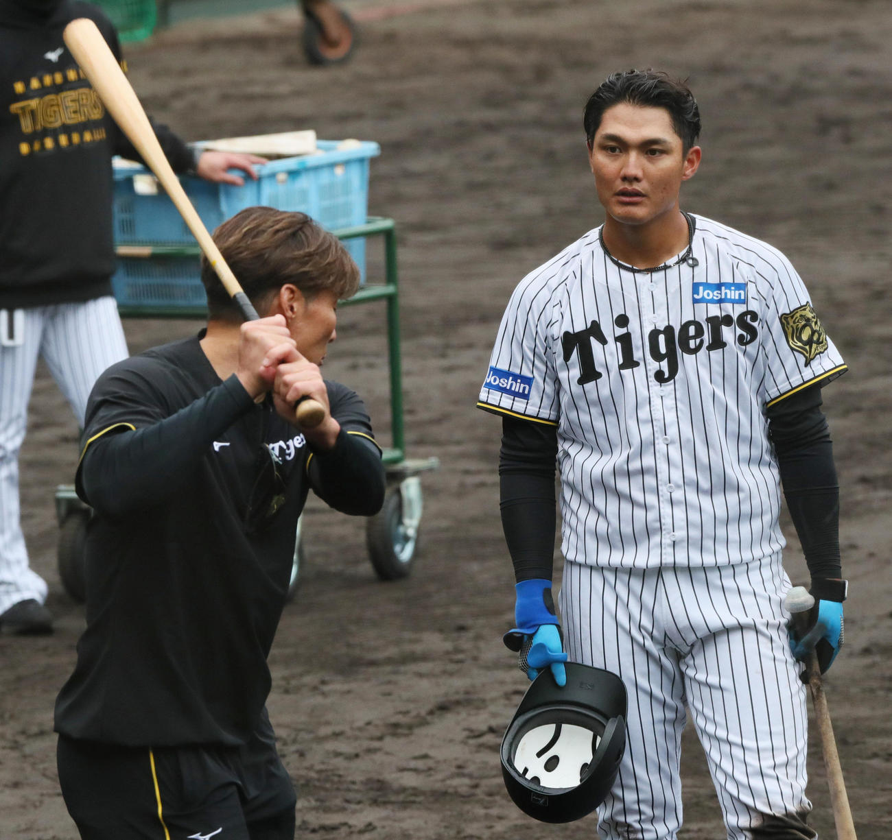 ランチ特打する阪神西純（右）を指導する糸井SA（撮影・上山淳一）