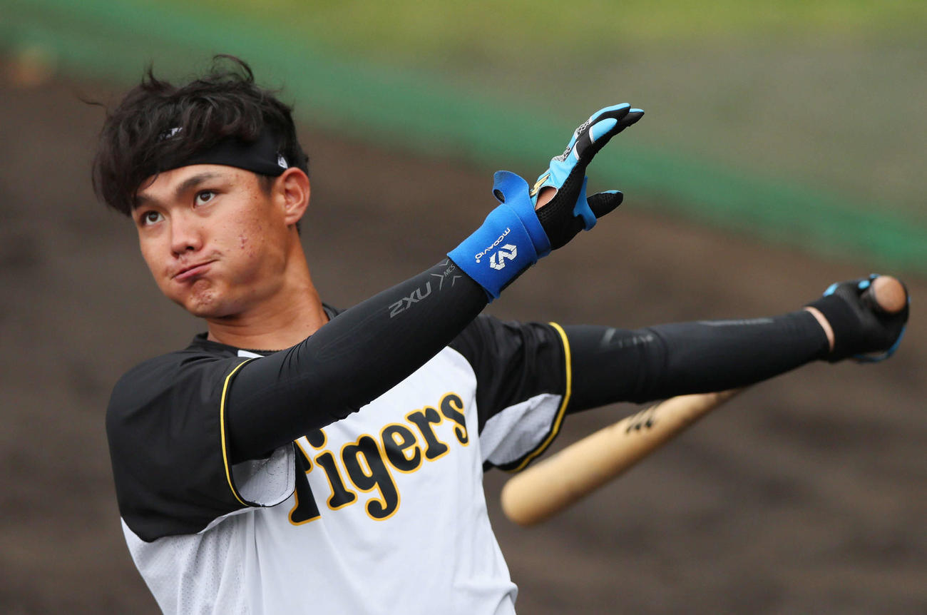 ロングティー打撃を行う阪神西純（撮影・上山淳一）（25年11月13日）