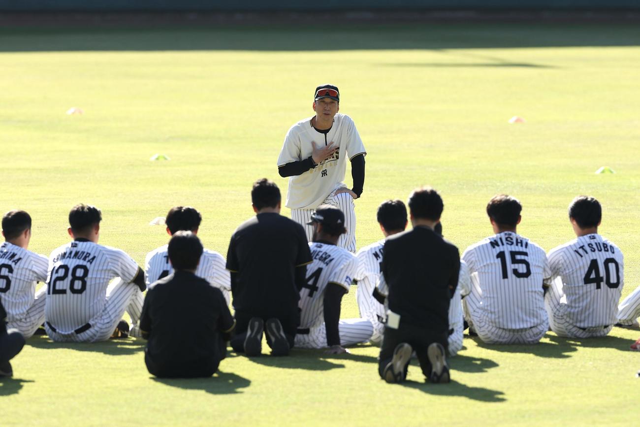 阪神秋季キャンプ　練習前、選手らを座らせ話をする阪神藤川監督（中央）（撮影・前田充）