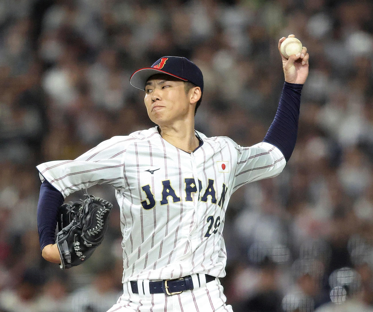 日本対韓国　2回表、力投する曽谷（撮影・河田真司）