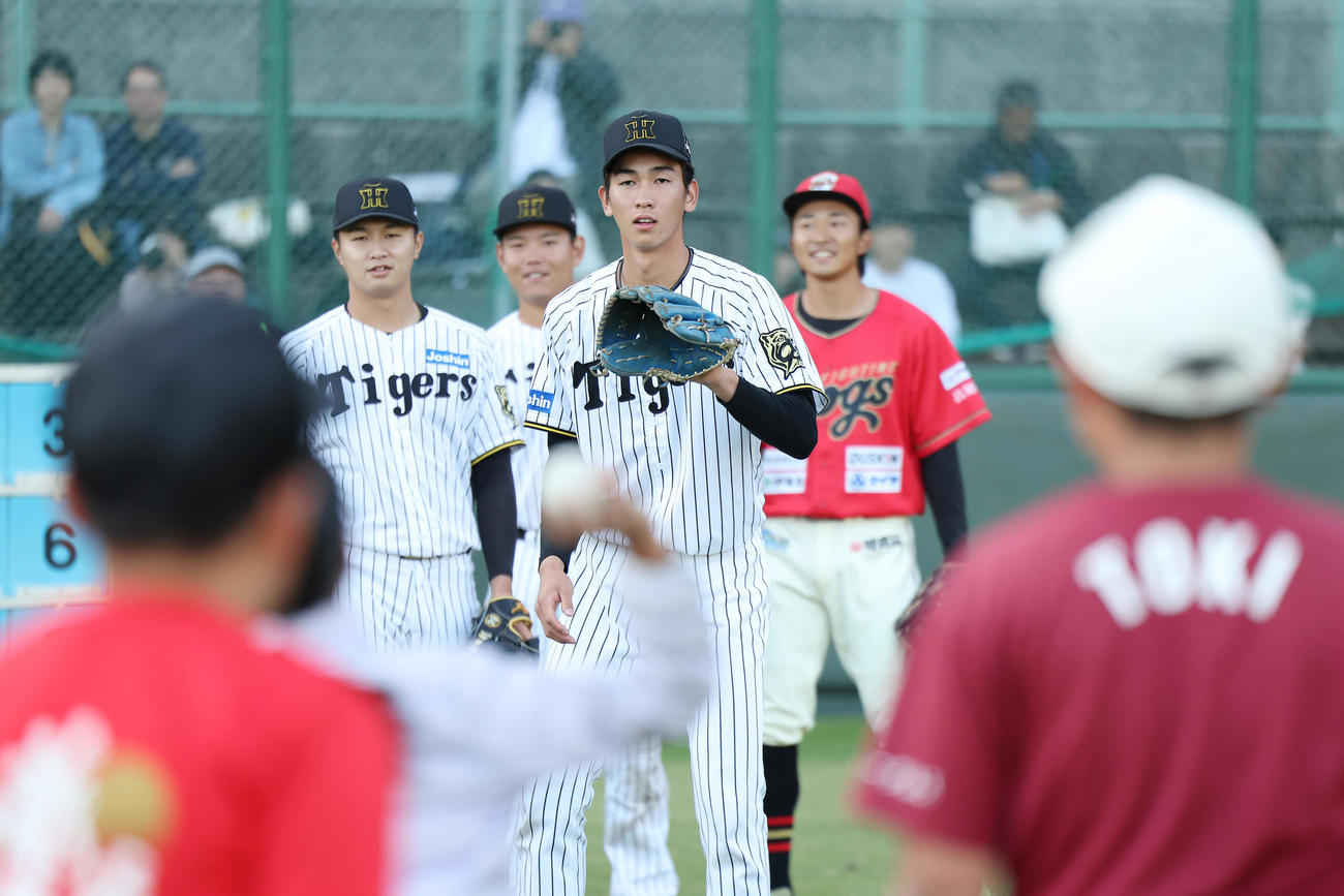野球教室で子どもたちとふれ合う阪神今朝丸（中央）（撮影・前田充）