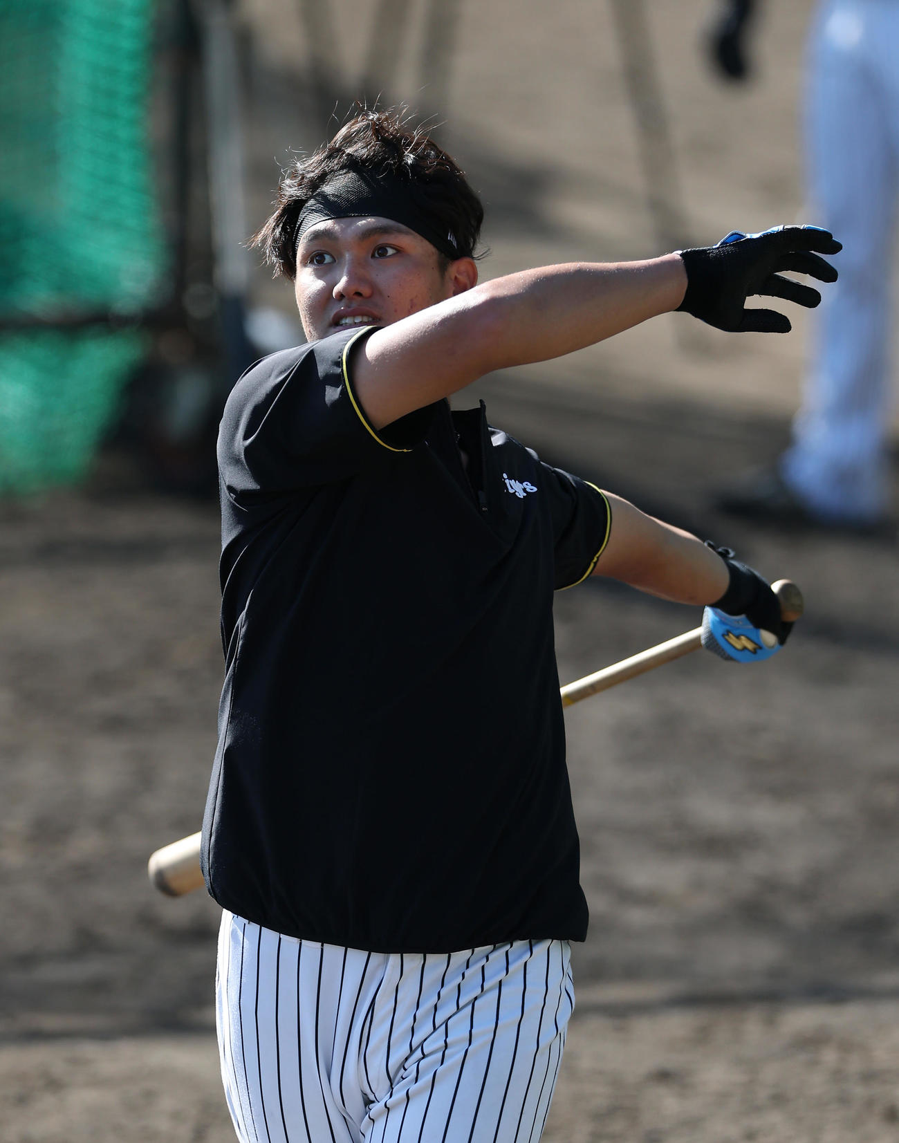 ロングティー打撃を行う阪神西純（撮影・前田充）
