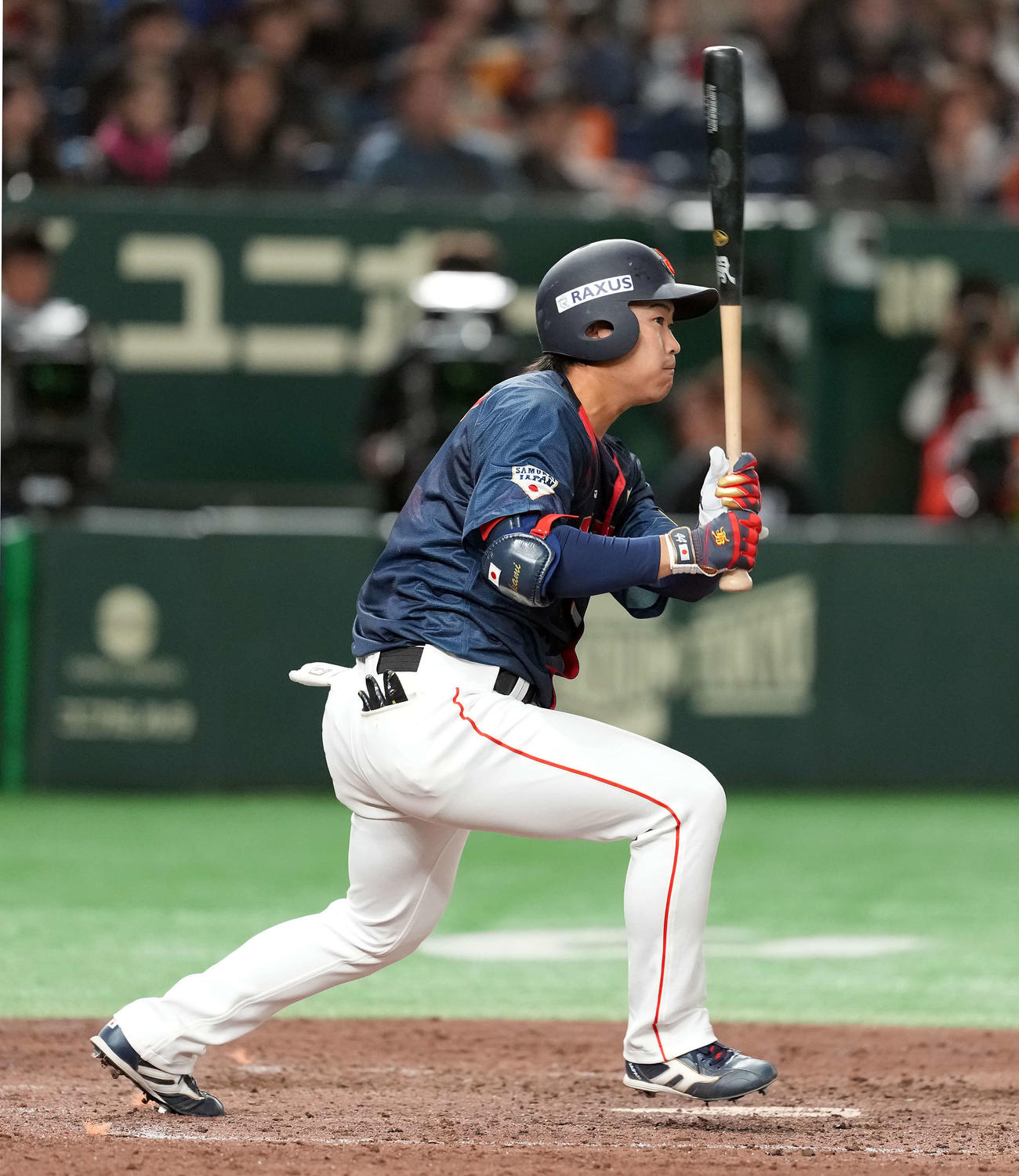 韓国対日本　5回表日本2死満塁、右前に2点適時打を放つ石上（撮影・たえ見朱実）