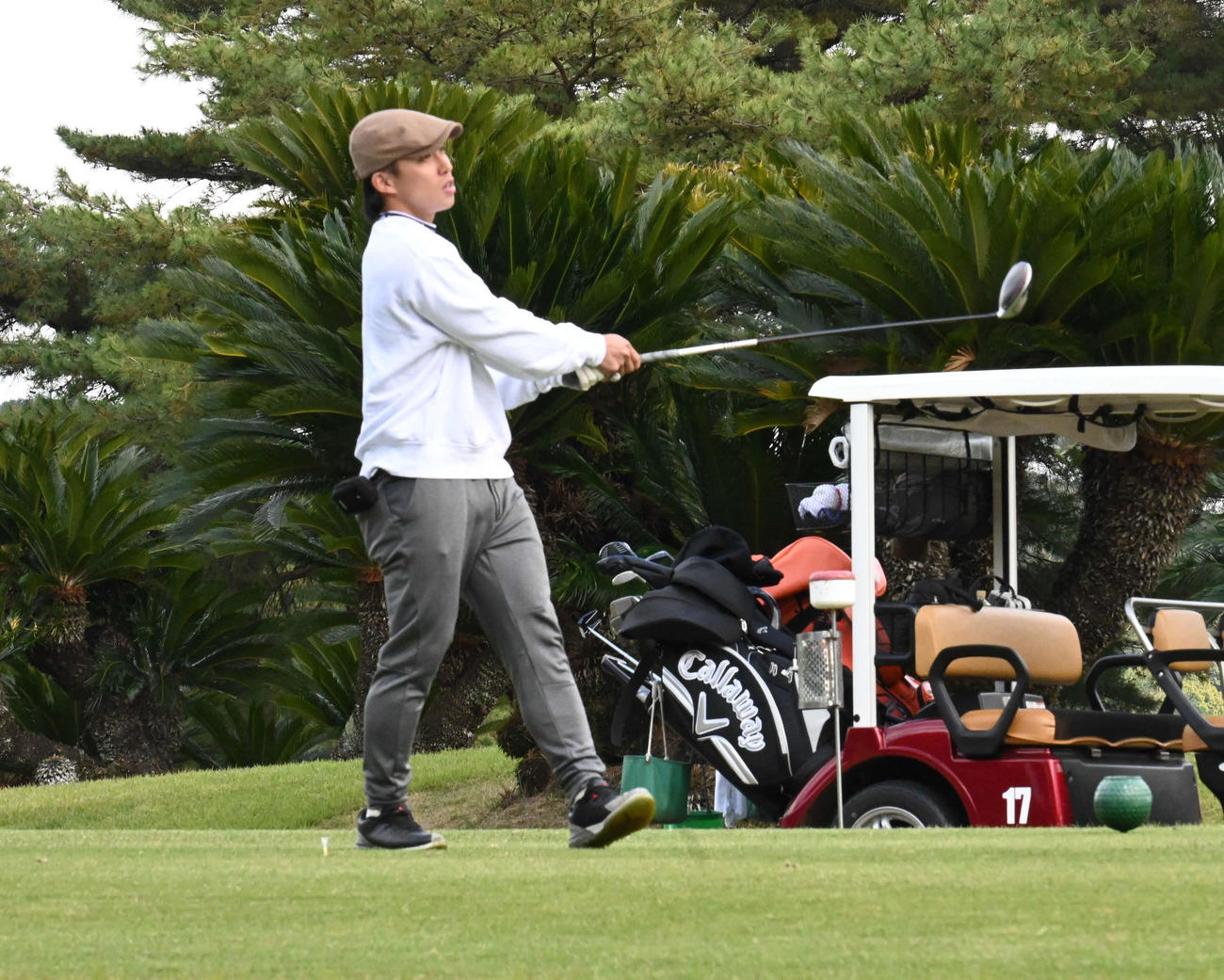 選手会ゴルフでティーショットを放つソフトバンク野村（撮影・只松憲）