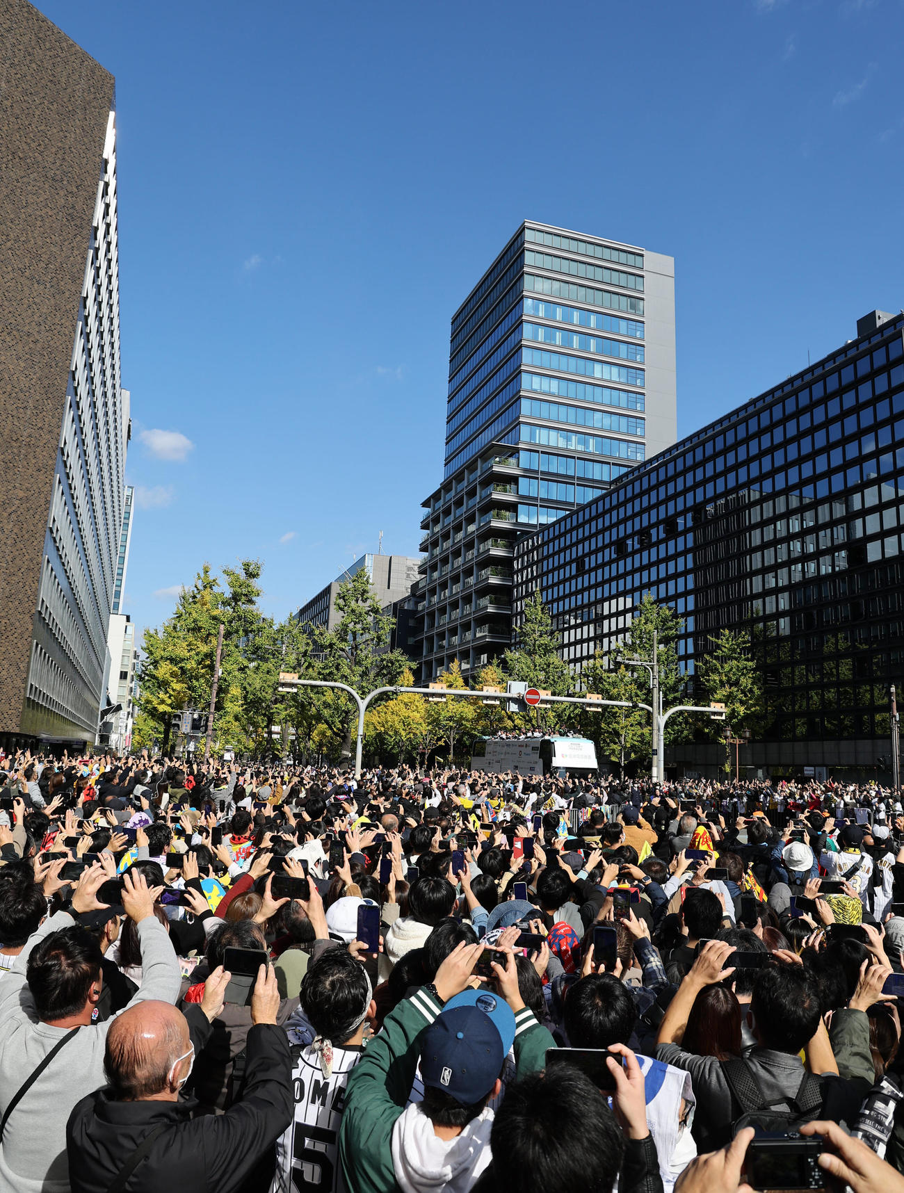 大勢のファンの歓声を受けながら優勝パレードをする阪神ナイン（撮影・上田博志）
