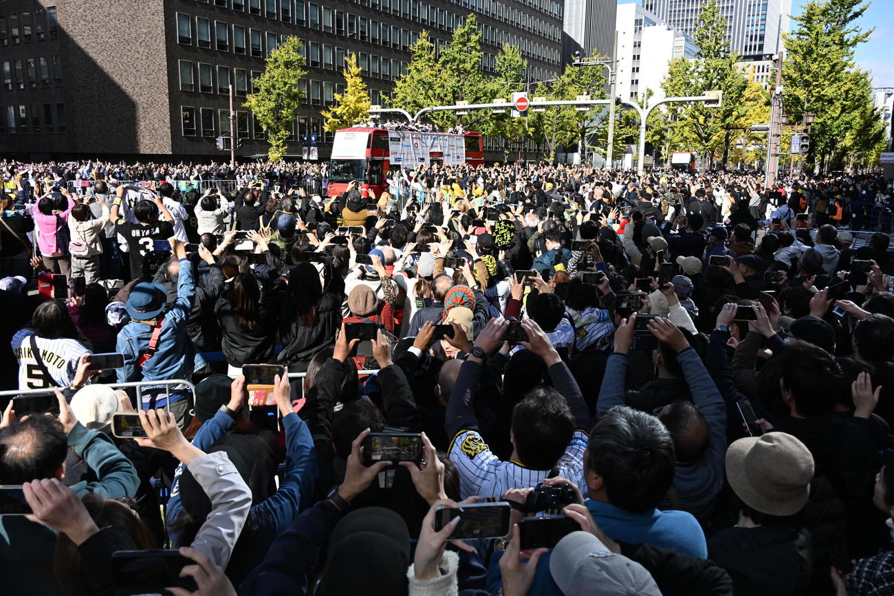 多くのファンらの声援に応える阪神選手ら（撮影・石井愛子）