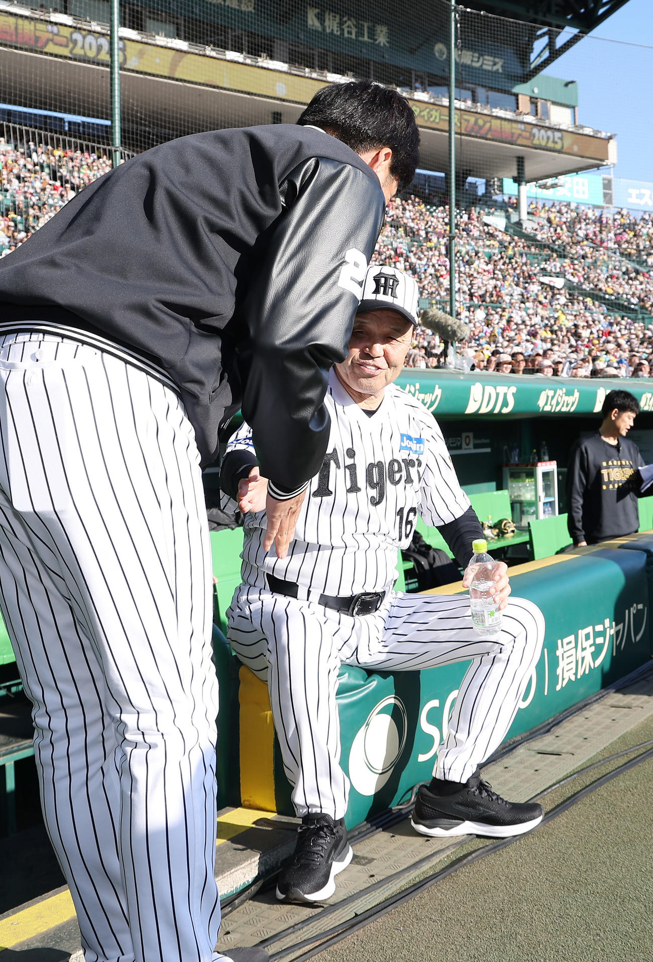 ファン感謝デーで阪神藤川監督（左）からあいさつを受ける岡田オーナー付顧問（撮影・前田充）