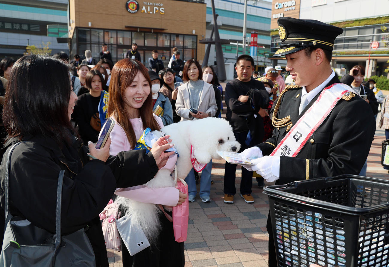 甲子園警察一日署長を委嘱された伊原は啓発グッズを市民に配布（撮影・加藤哉）