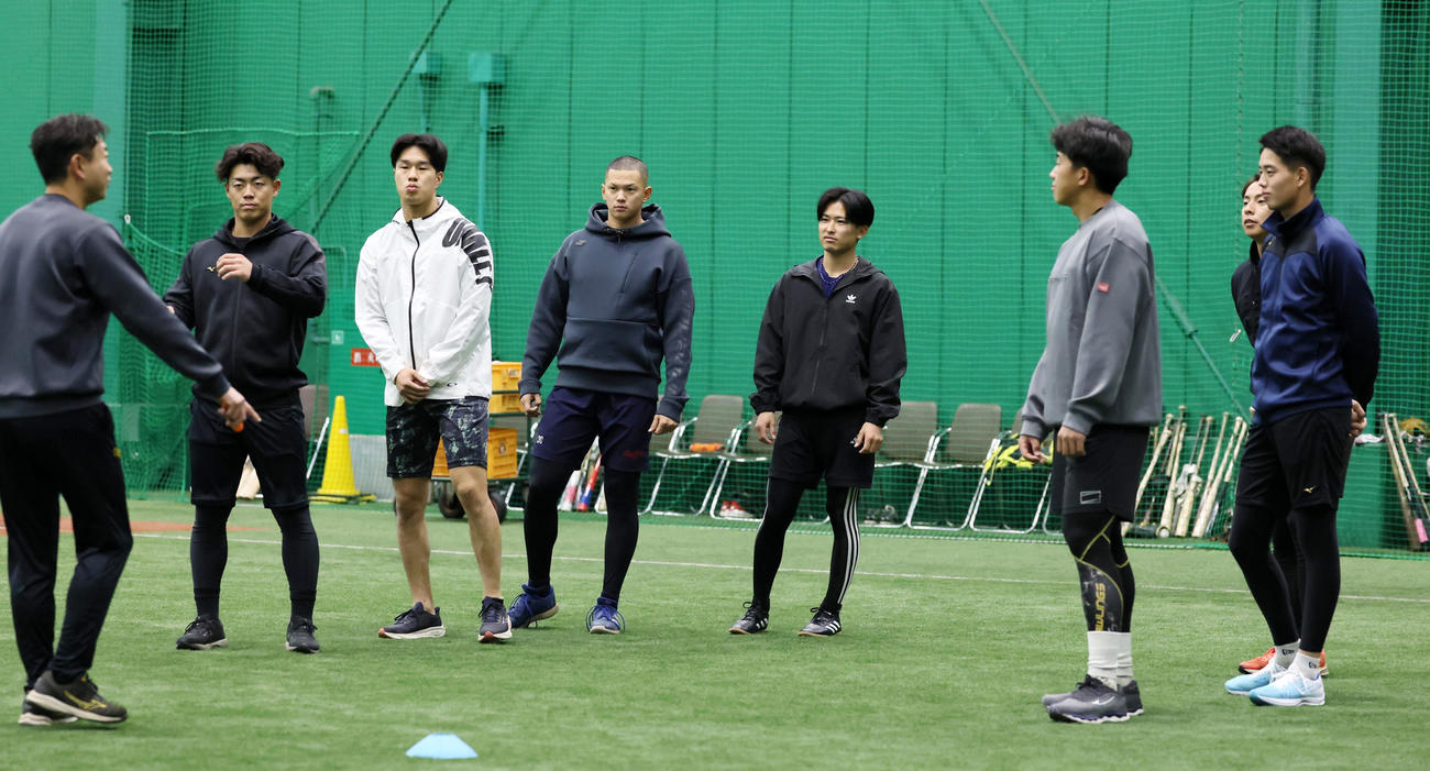 体力測定前にウオーミングアップを行う左2人目から阪神谷端、岡城、能登、山崎、立石、神宮、早瀬（撮影・加藤哉）