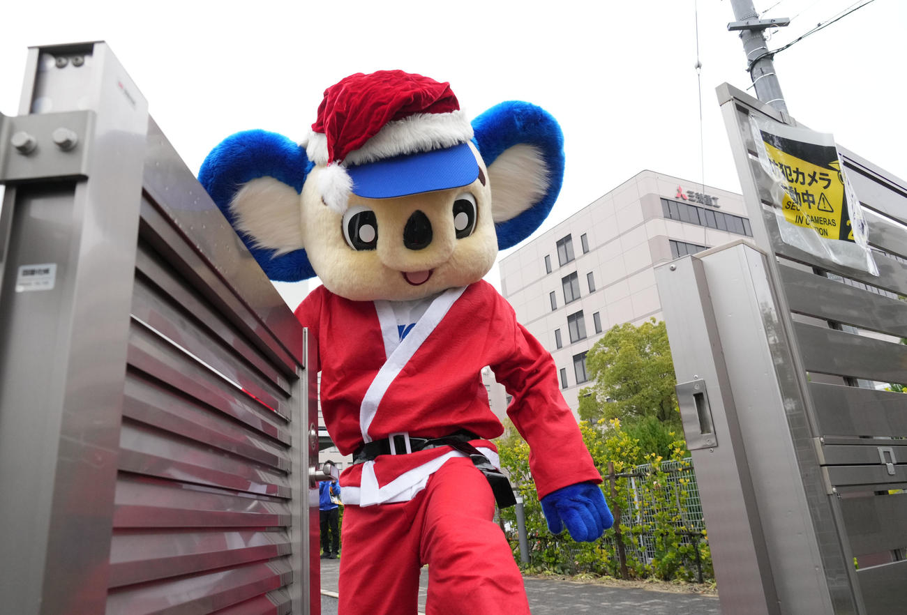 サンタクロース衣装で球団事務所に向かうドアラ（撮影・森本幸一）