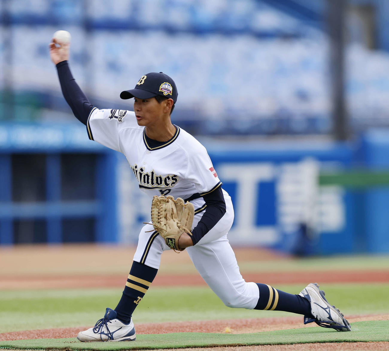 オリックスジュニア対DeNAジュニア　オリックスジュニアの2番手で登板した上田（撮影・山本朝陽）