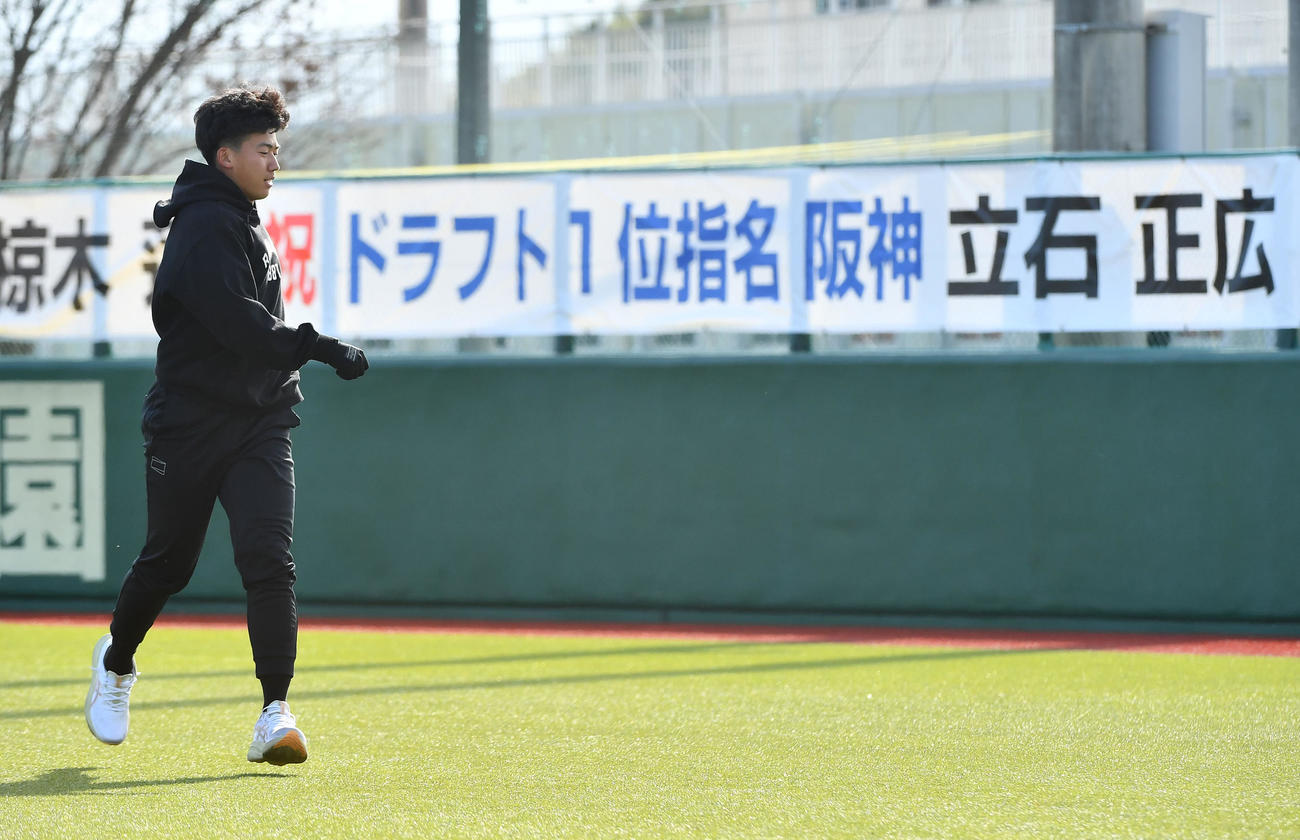 自主トレを公開した阪神立石（撮影・岩下翔太）