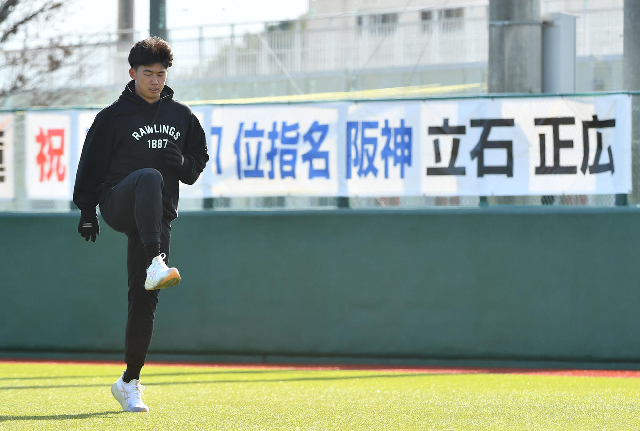 自主トレを公開した阪神立石（撮影・岩下翔太）