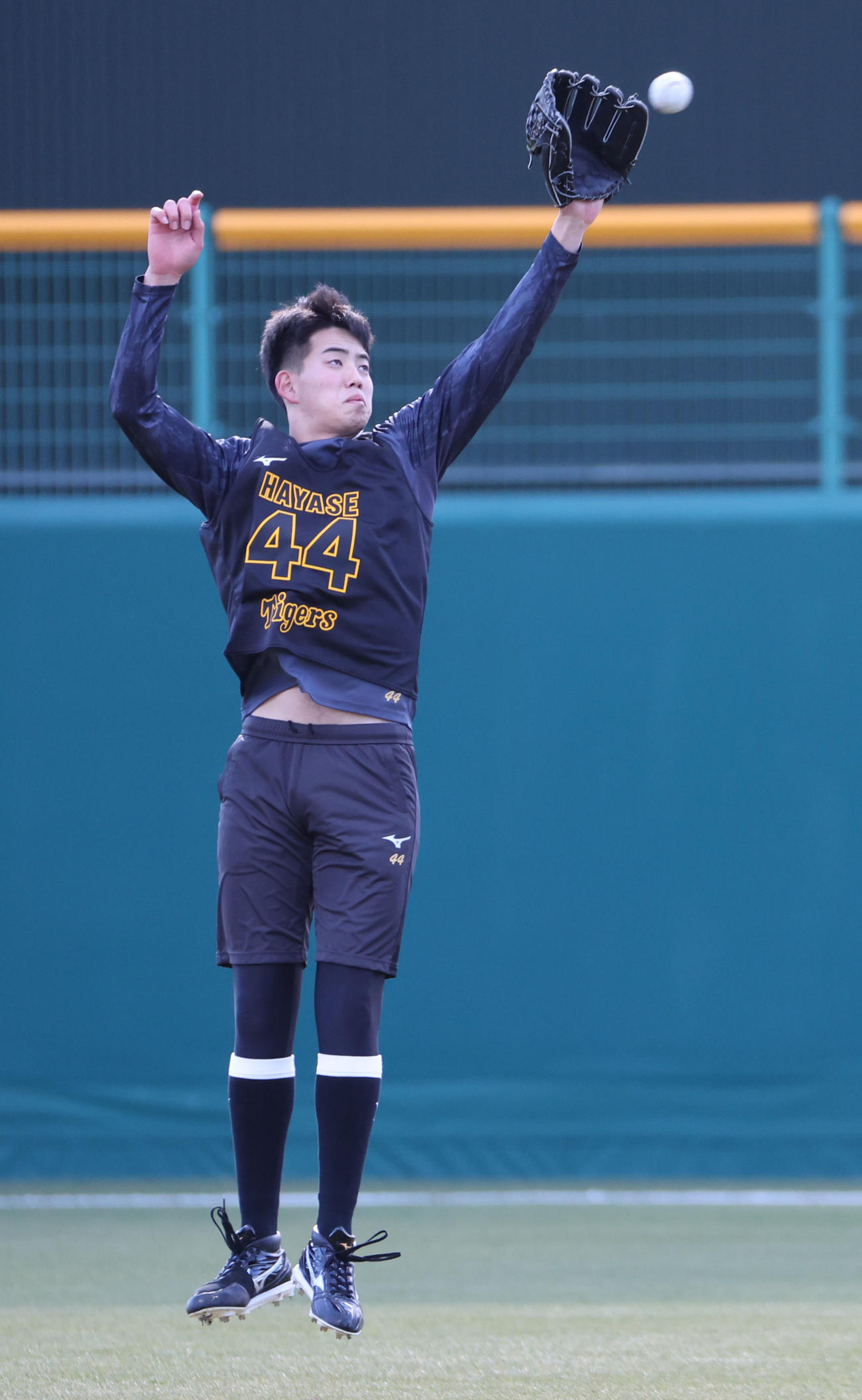 新人合同自主トレでキャッチボールの球をジャンプして捕球する阪神早瀬（撮影・西尾就之）