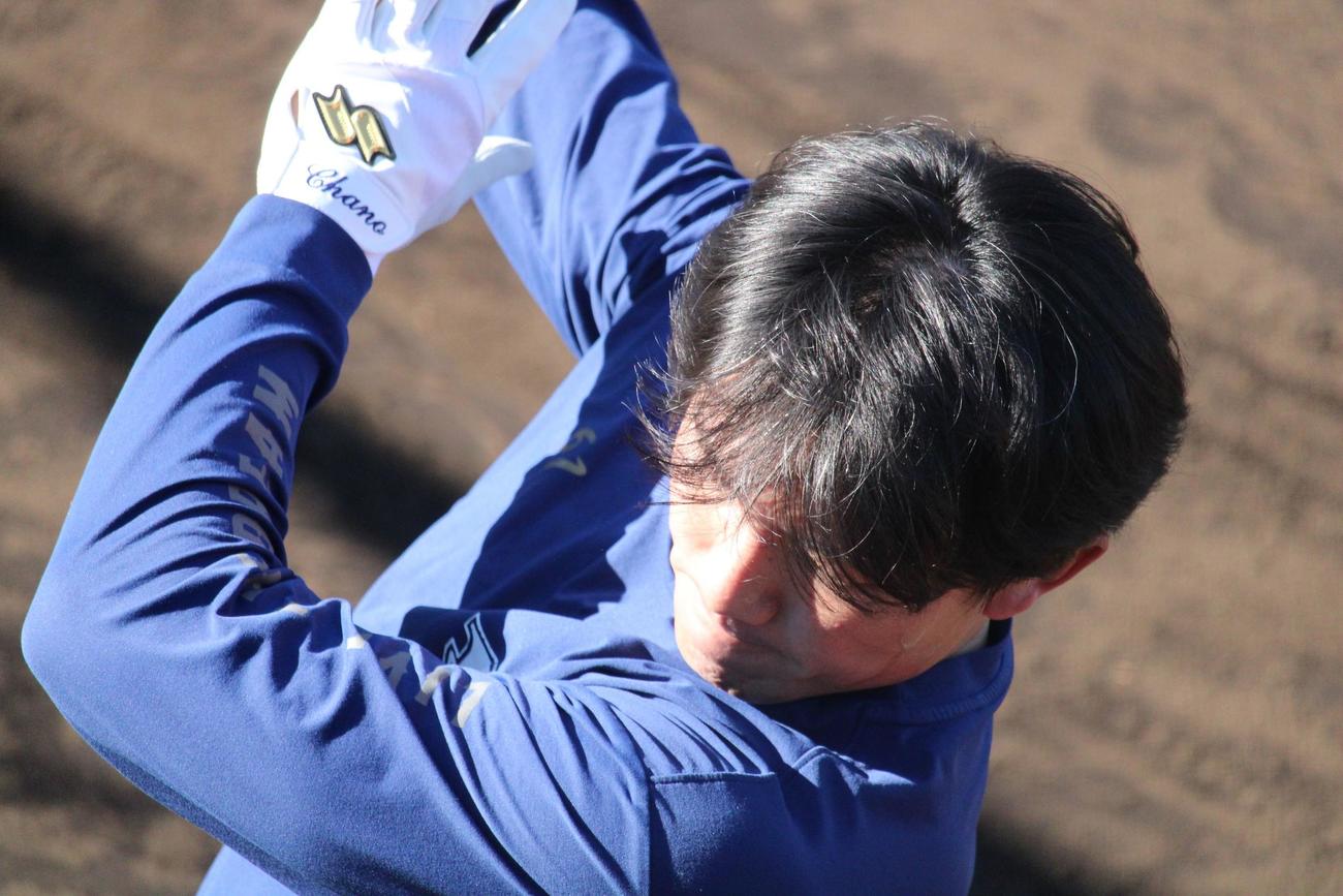 ティー打撃を行う西武茶野（撮影・金子真仁）