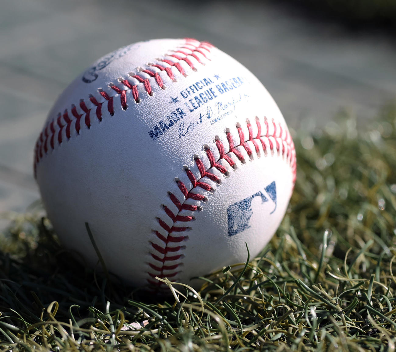 自主トレを公開した阪神石井大智の持っていたMLB球（撮影・上山淳一）