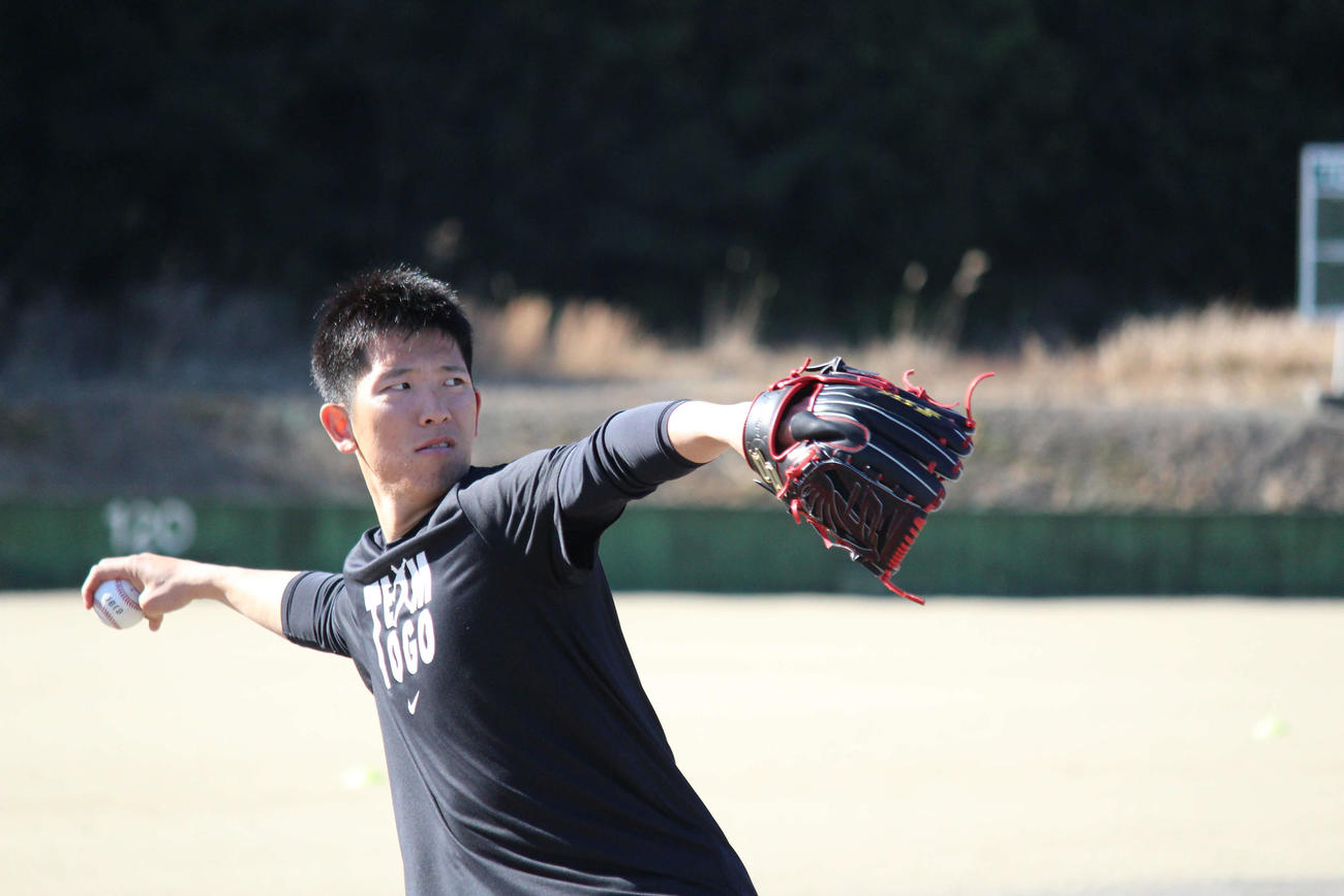 公開した自主トレでキャッチボールを行う巨人戸郷（撮影・阿部健吾）